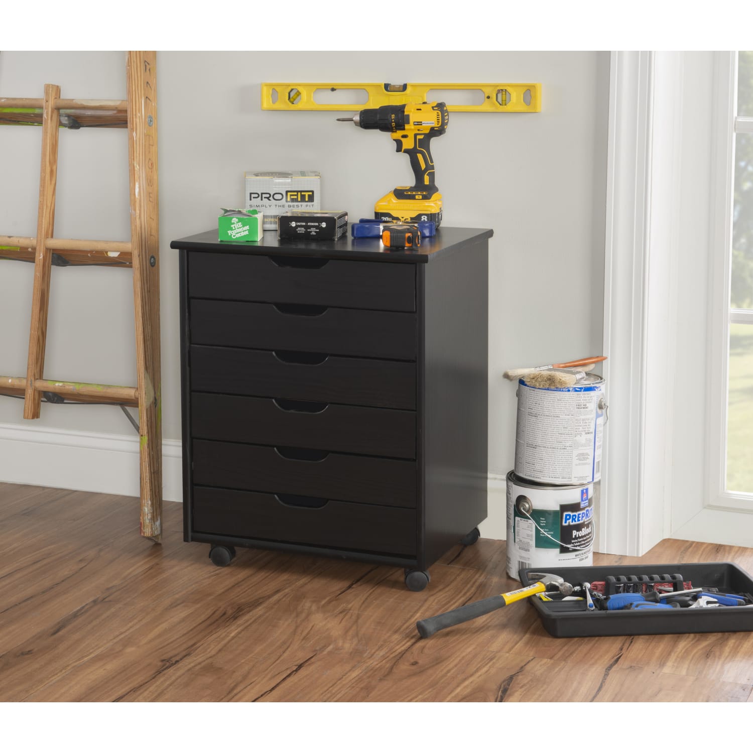Linon Casimer 6-Drawer Wide Rolling Home Office Storage Cart, Black - Image 3