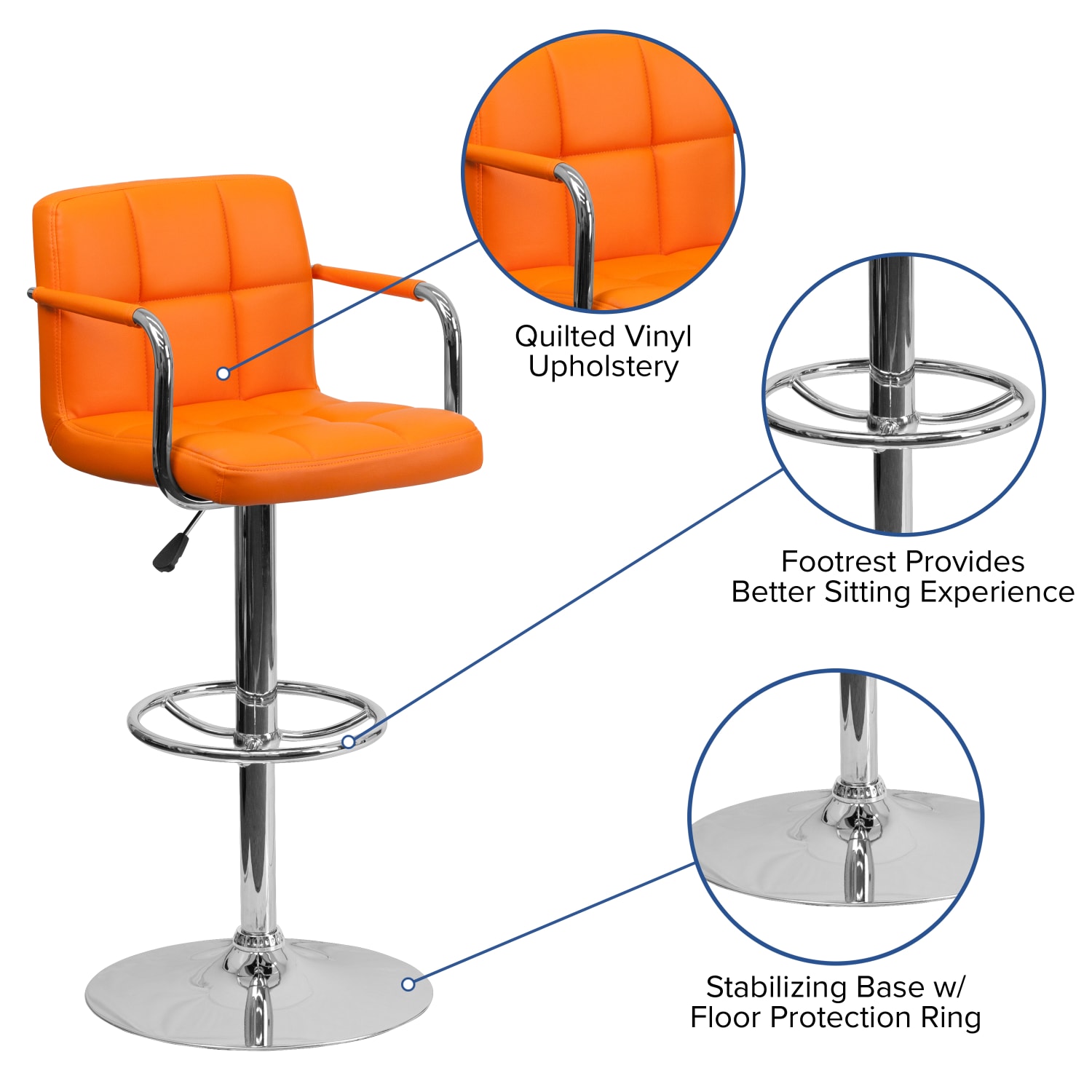 Flash Furniture Contemporary Quilted Vinyl Adjustable Height Bar Stool, Orange - Image 6