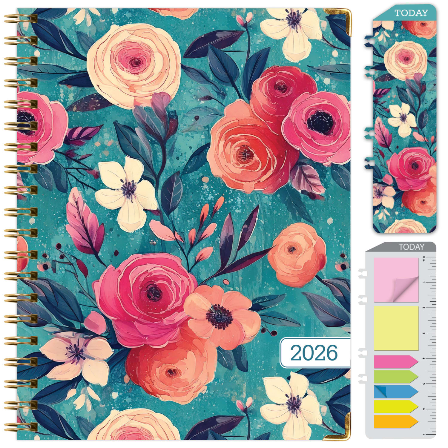 2026 Excello Brands Hardcover Fashion Daily/Weekly/Monthly Planner, 8.5in x 11in, Teal Floral November 2025 - December 2026, (FSHN-CY26-8511-17)