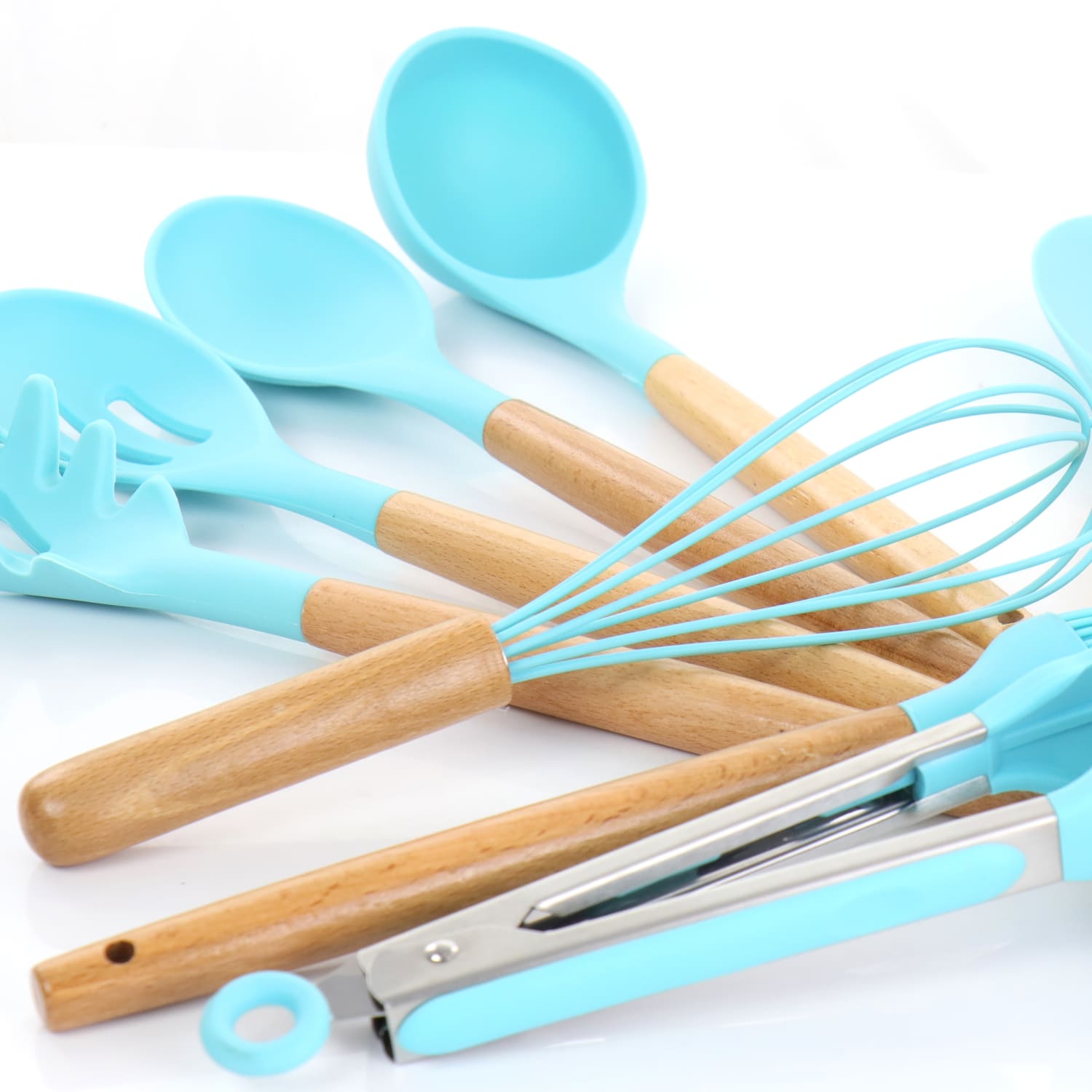 MegaChef 12-Piece Silicone And Wood Cooking Utensil Set, Light Teal - Image 4