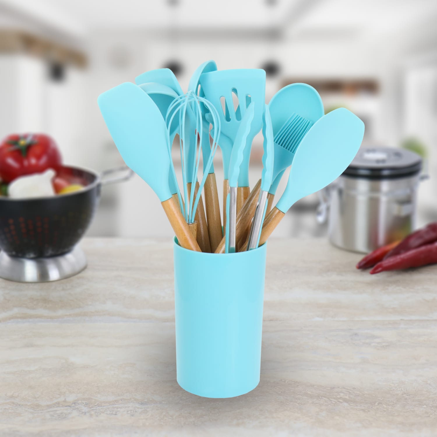 MegaChef 12-Piece Silicone And Wood Cooking Utensil Set, Light Teal - Image 6
