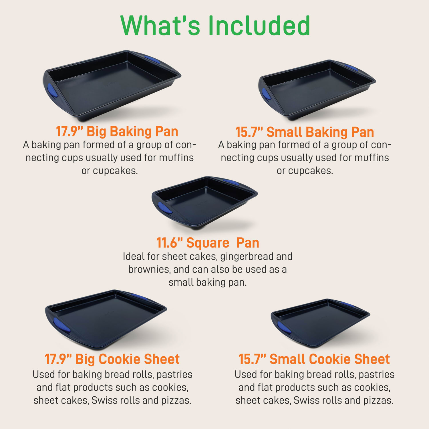 NutriChef 10-Piece Carbon Steel Nonstick Baking Pan Set With Silicone Handles, Blue - Image 3