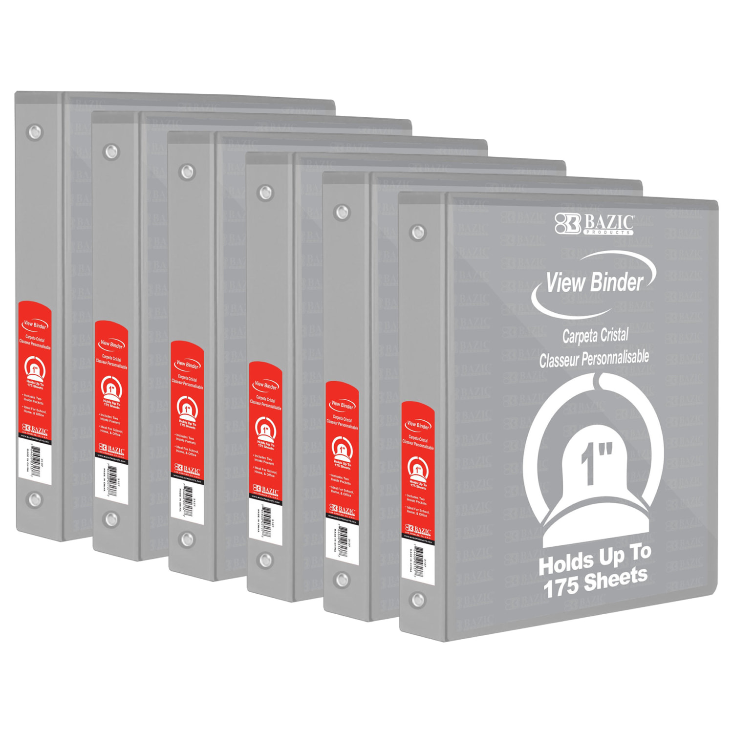 BAZIC Products 3-Ring View Binder With 2 Pockets, 1in Round, Gray, Pack Of 6