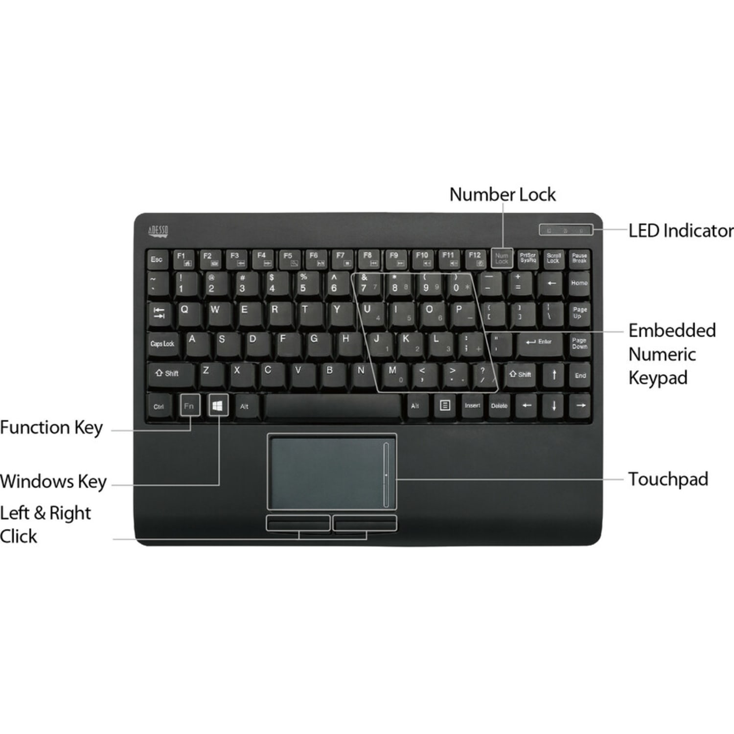 Adesso Wireless Mini Touchpad Keyboard, Black - Image 6
