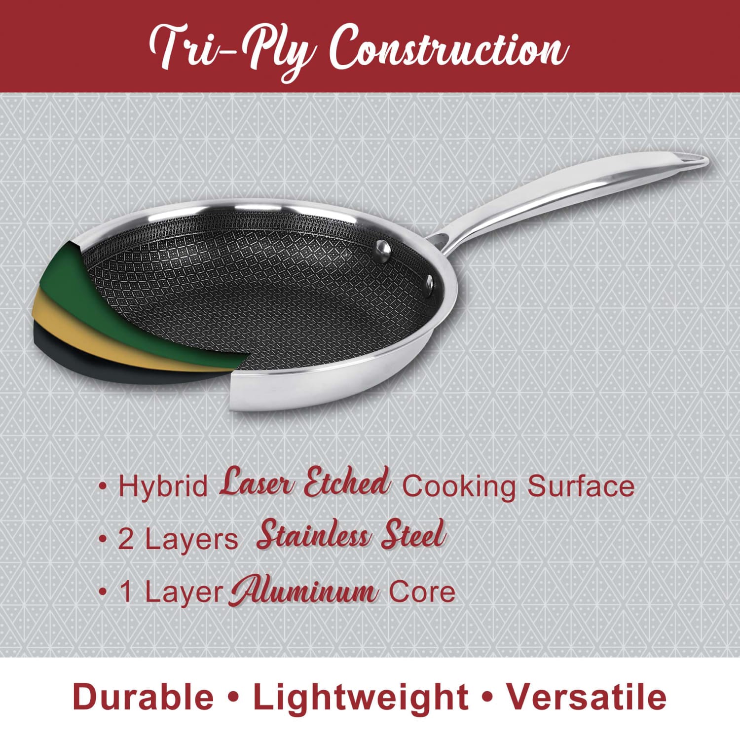 Brentwood 3-Ply Hybrid Non-Stick Stainless Steel Induction-Ready Frying Pan, 8in, Silver - Image 5