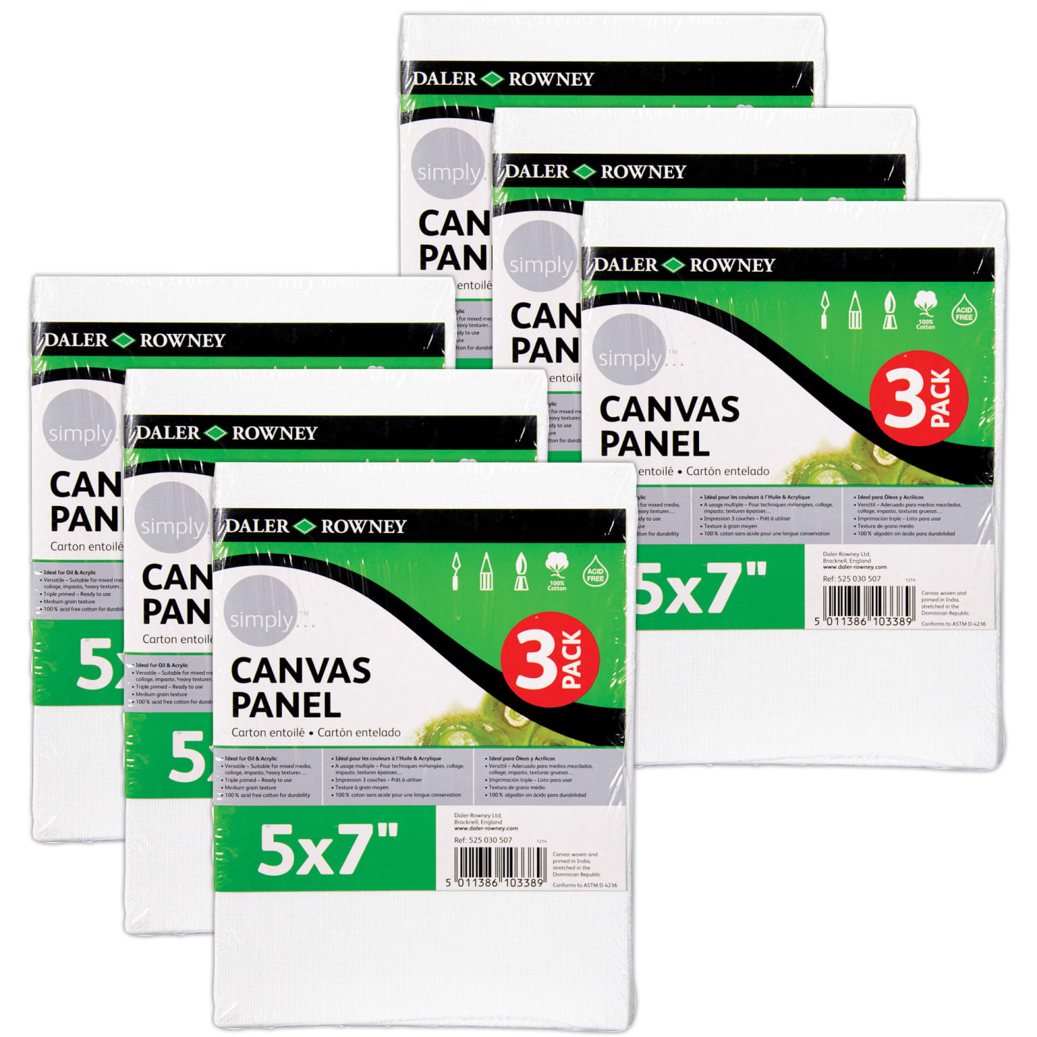 Daler-Rowney Simply White Canvas Panels, 7inH x 5inW x 3/8inD, White, 3 Panels Per Set, Bundle Of 6 Sets