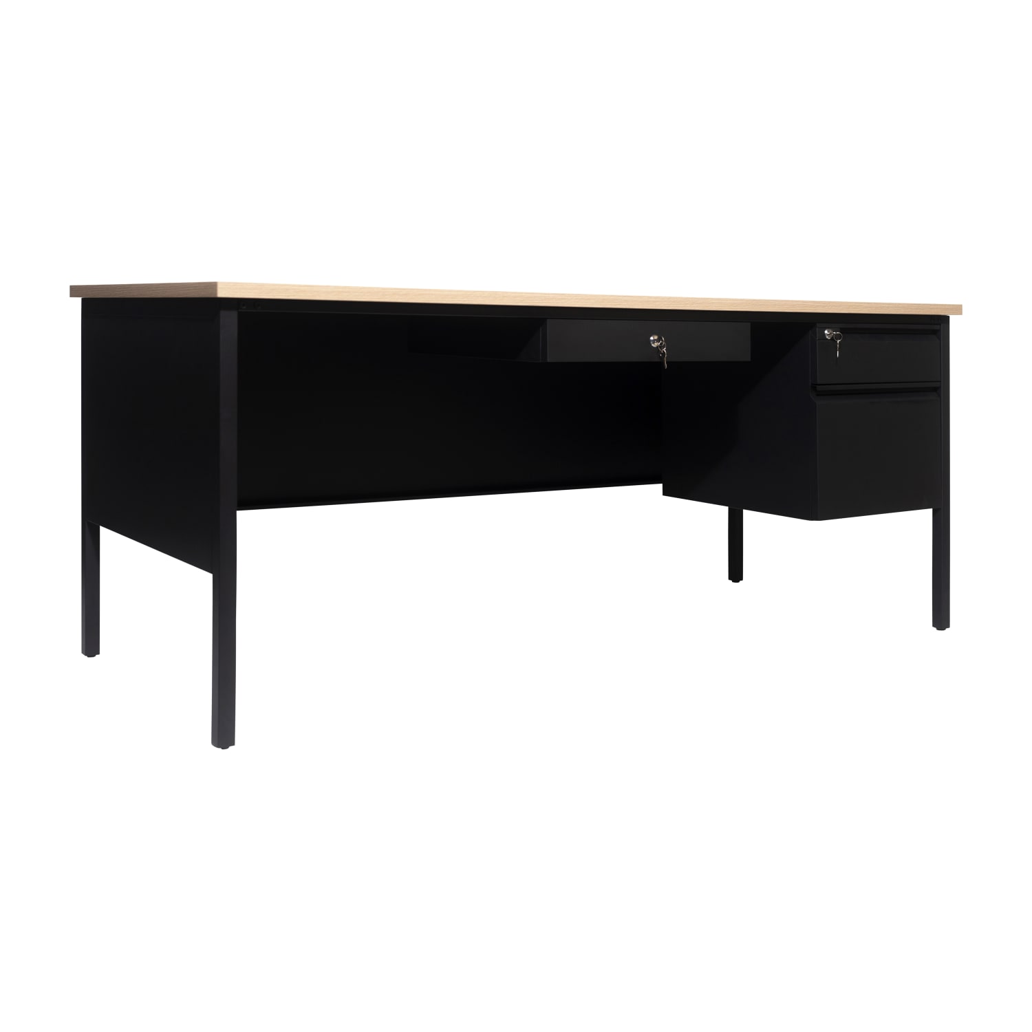 Flash Furniture Cambridge Commercial Grade Single Pedestal 70inW x 30inD Desk with Locking Drawers and Metal Frame, White Oak