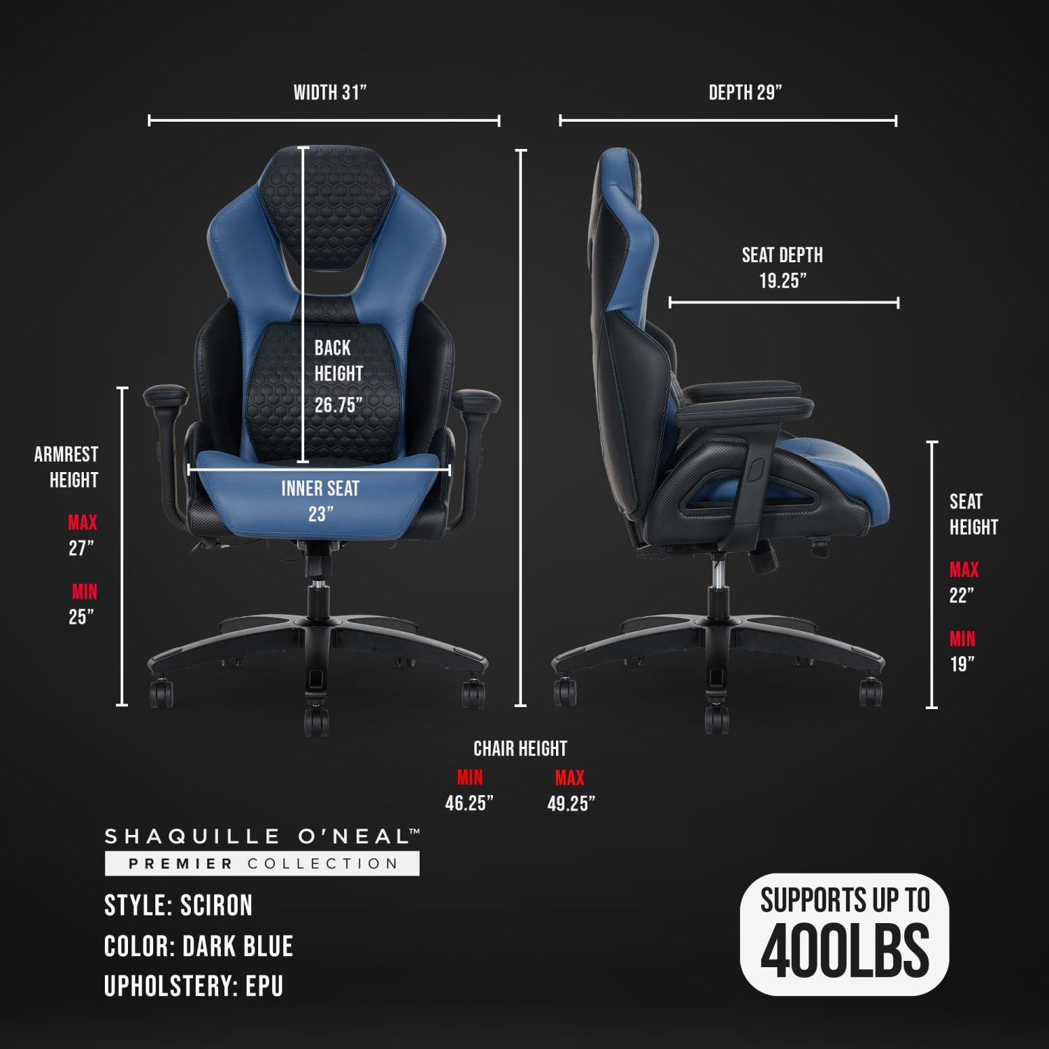 Shaquille ONeal Sciron Big  Tall Ergonomic High Back Vegan Leather Executive Gaming Office Chair BlackBlue PopularChairscom