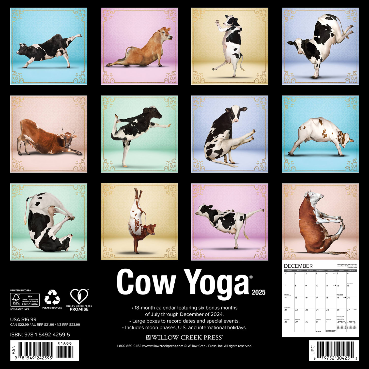 2025 Willow Creek Press Monthly Wall Calendar, 12in x 12in, Cow Yoga, January 2025 to December 2025, 42595 - Image 6