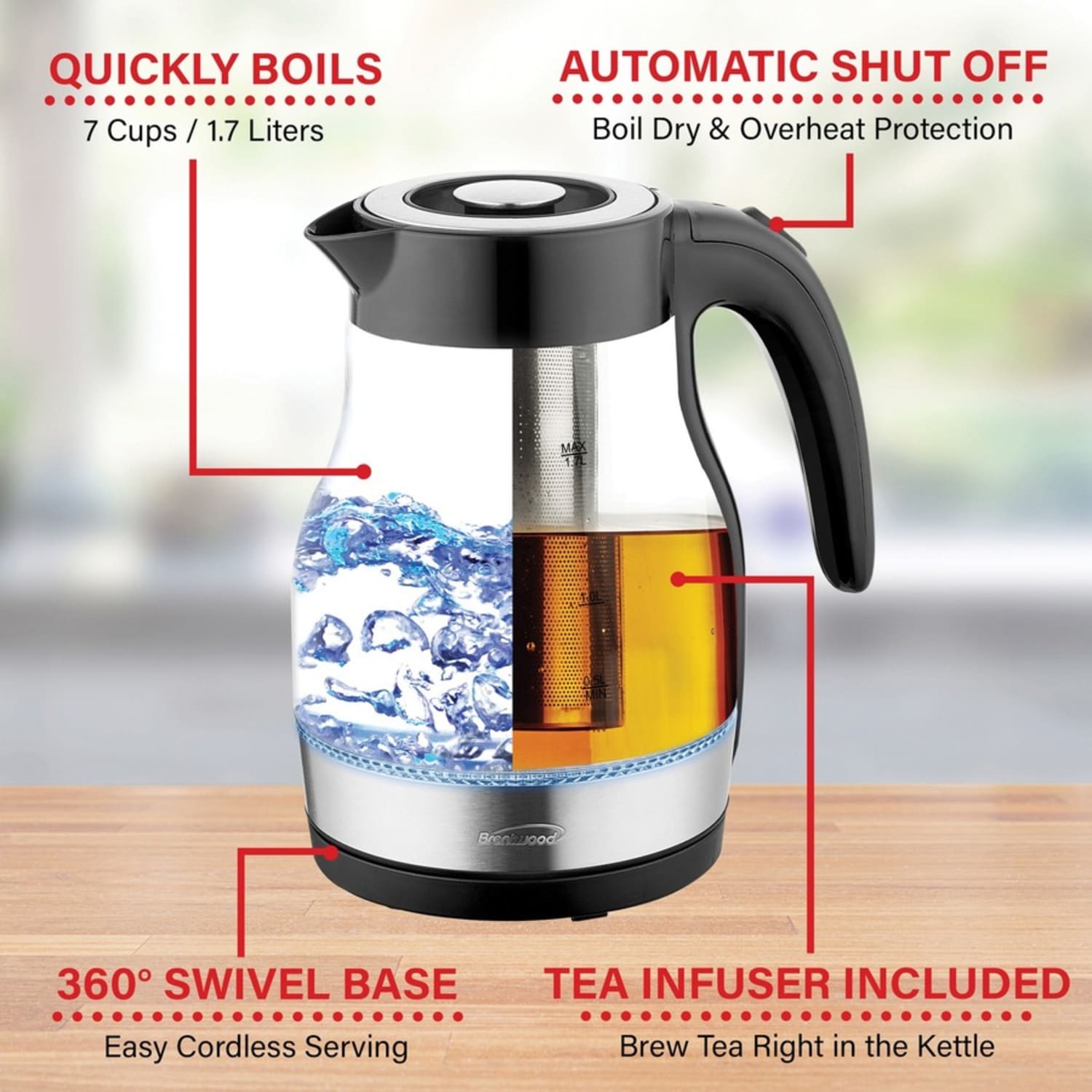 Brentwood 1.79 Qt 1100W Cordless Glass Electric Kettle With Tea Infuser & Swivel Base, Black - Image 3