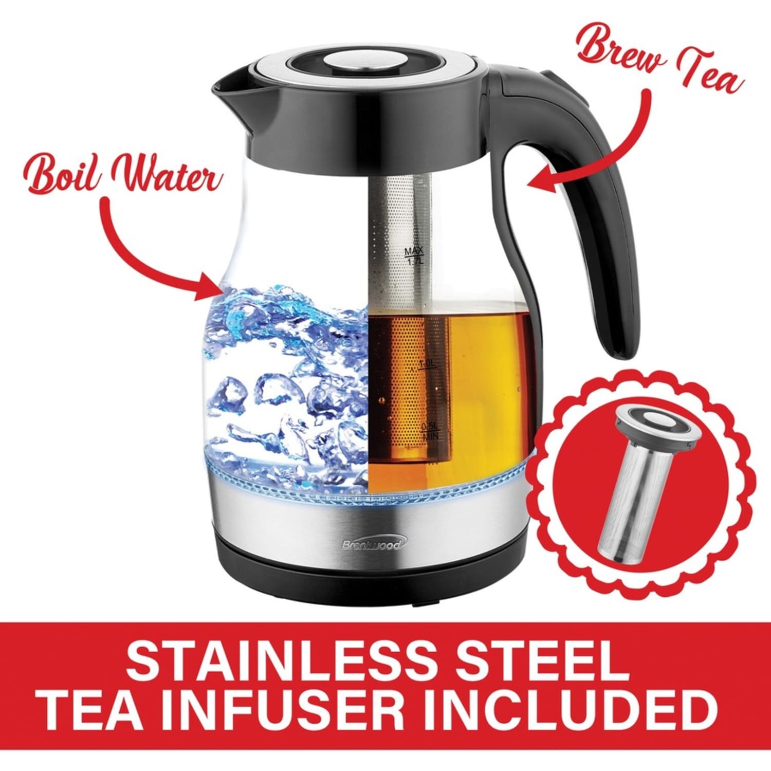 Brentwood 1.79 Qt 1100W Cordless Glass Electric Kettle With Tea Infuser & Swivel Base, Black - Image 4