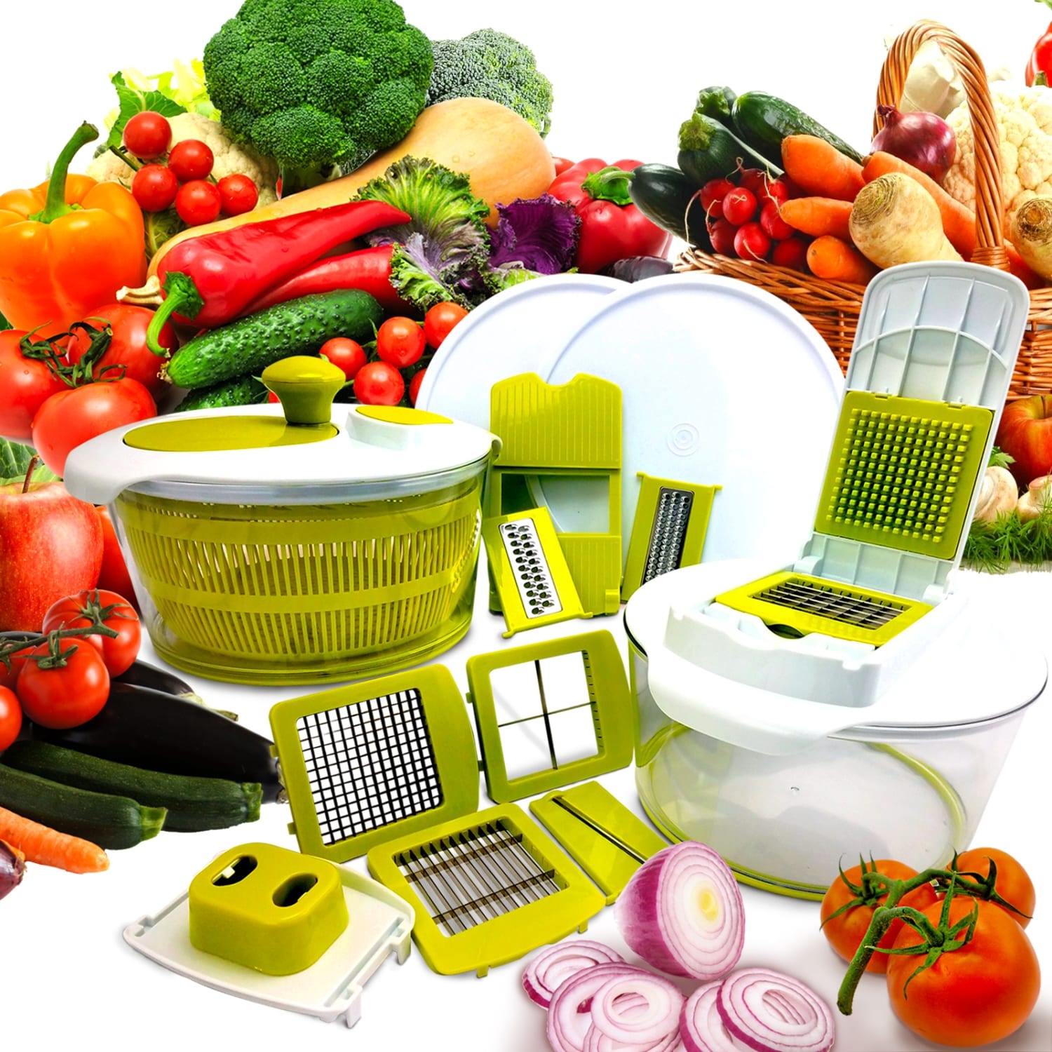 MegaChef 10-in-1 Multi-Use Salad Spinning Slicer, Dicer and Chopper with Interchangeable Blades and Storage Lids, Green - Image 3