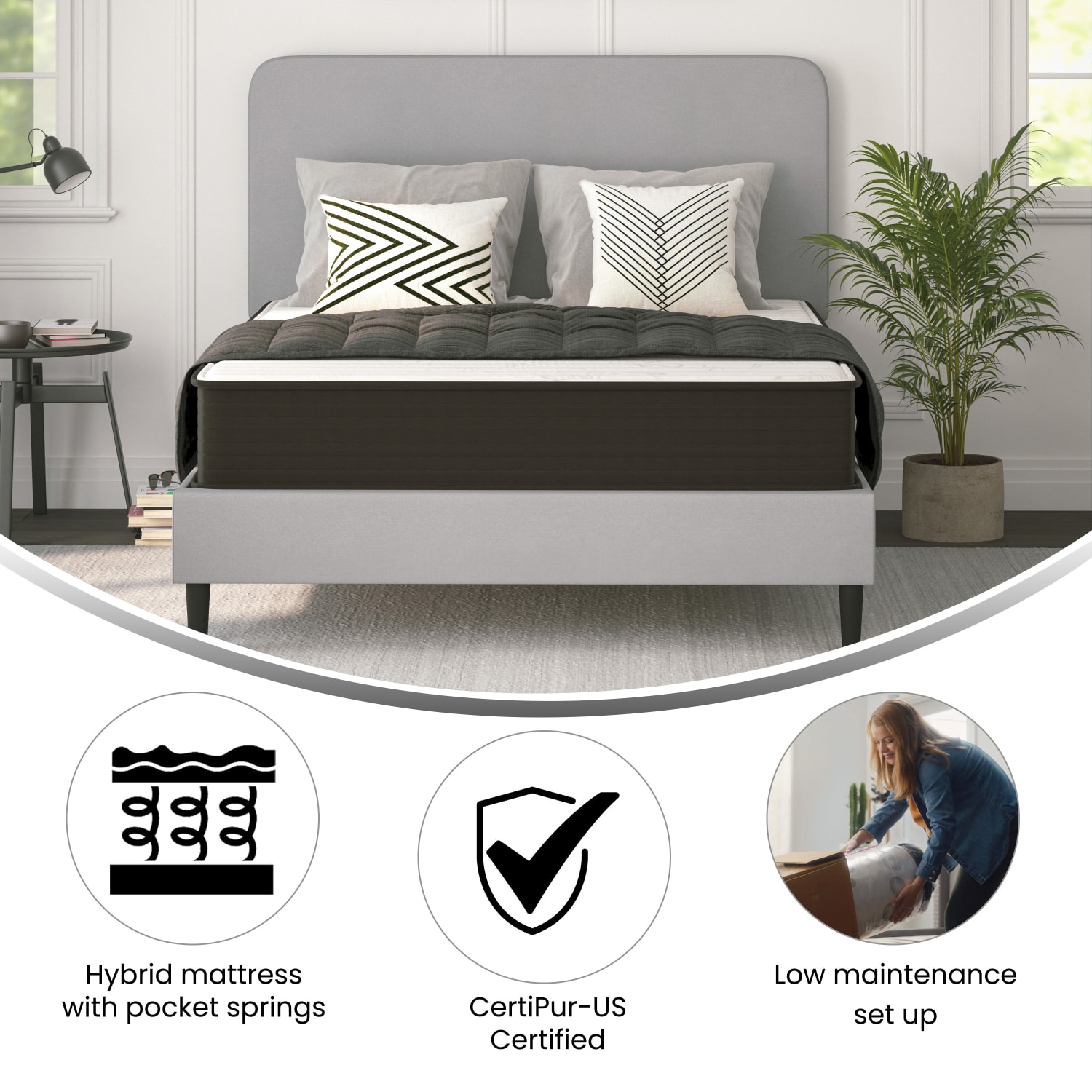 Flash Furniture Dream CertiPur-US Certified Hybrid Mattress, Queen, 10inH x 60inW x 80inL, White/Gray - Image 5
