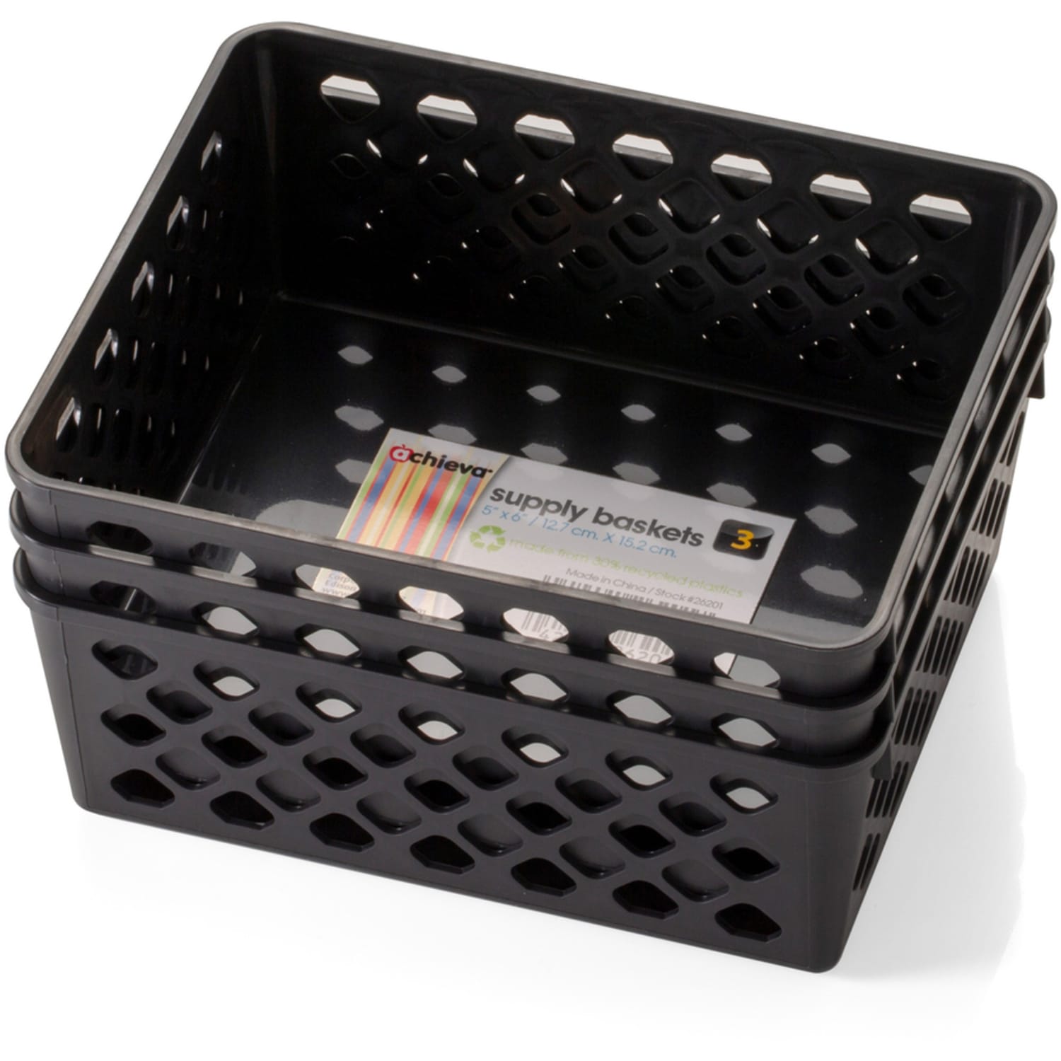 OIC Plastic Supply Baskets, Small Size, 2 3/8in x 6 1/8in x 5in, 30% Recycled, Black, Pack Of 3 - Image 4