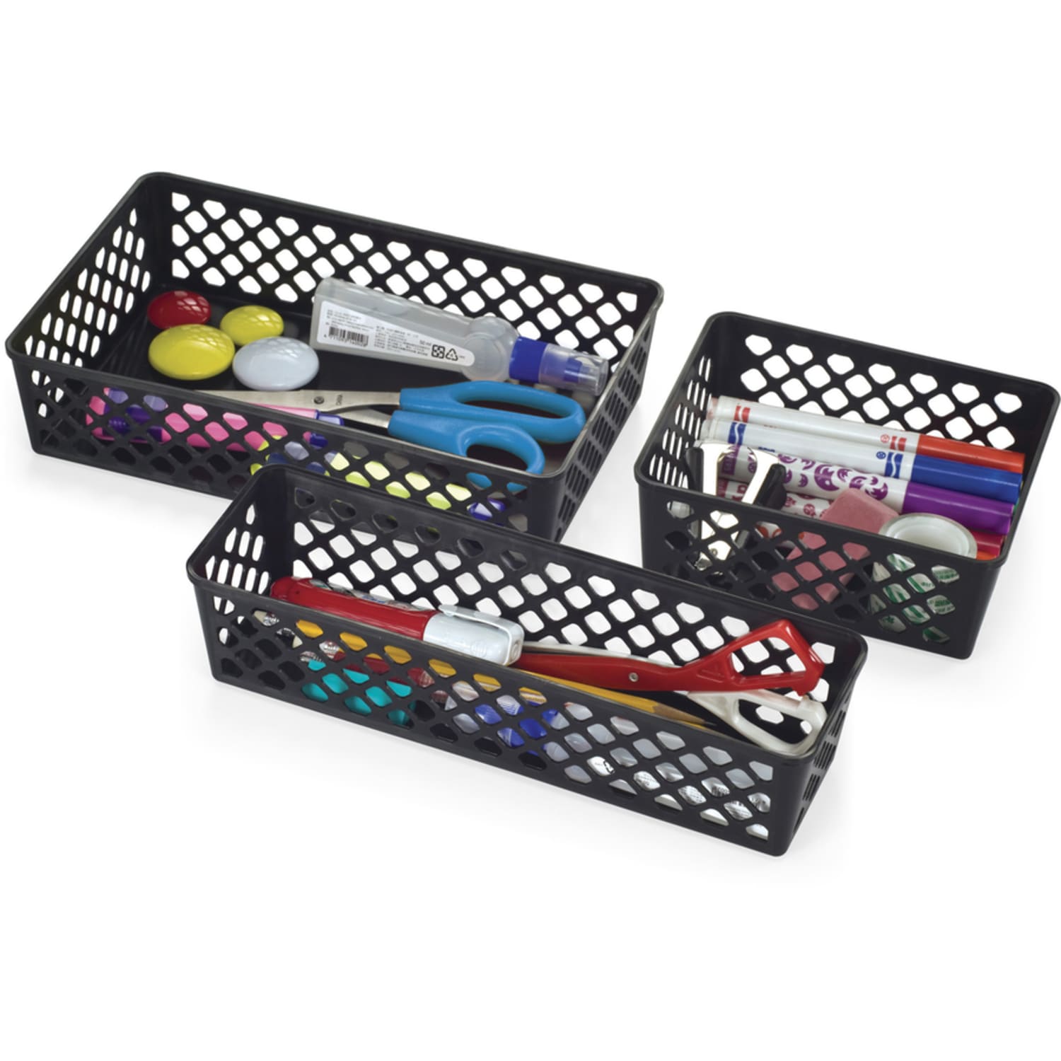 OIC Plastic Supply Baskets, Small Size, 2 3/8in x 6 1/8in x 5in, 30% Recycled, Black, Pack Of 3 - Image 5