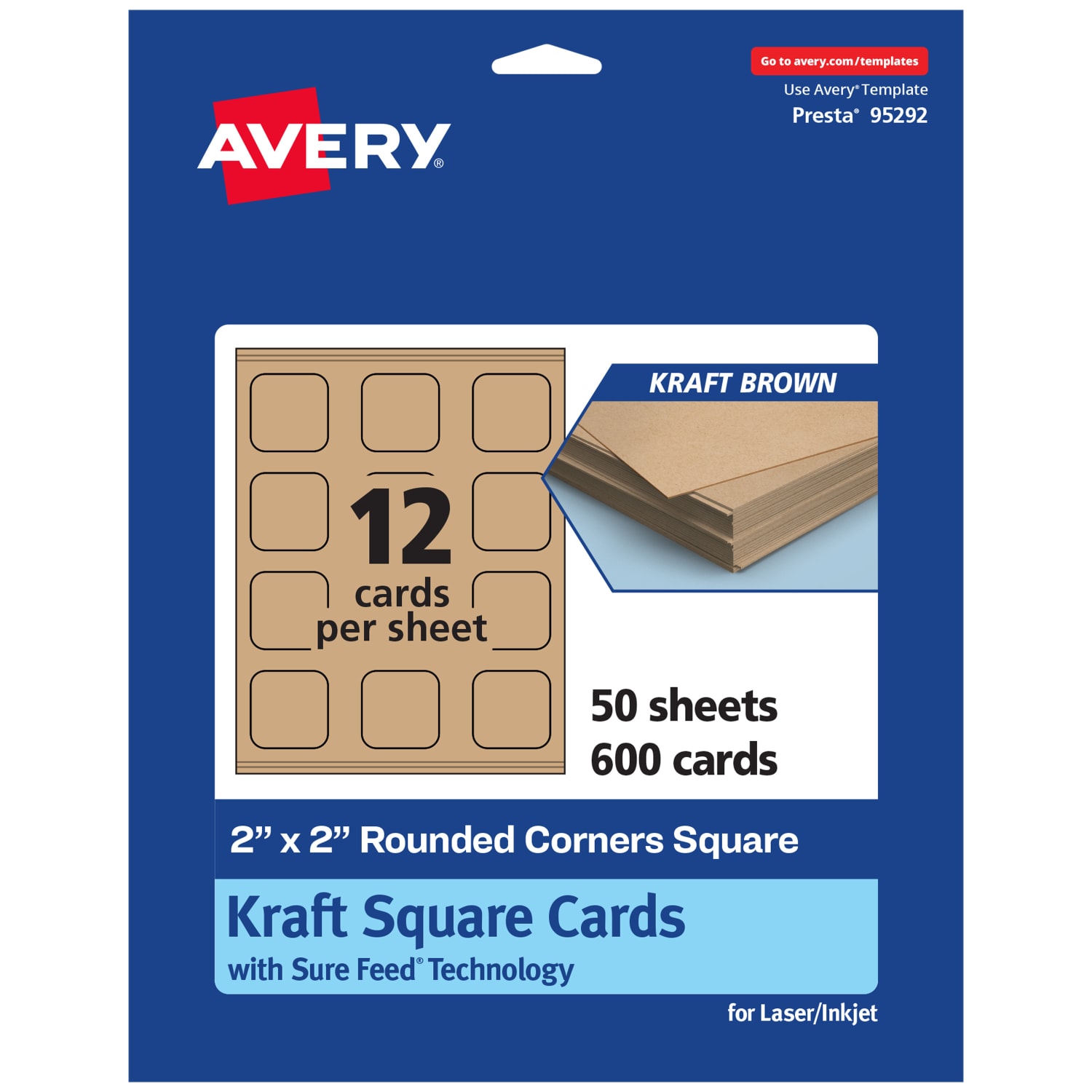 Avery Printable Note Cards With Sure Feed Technology, 2in x 2in Square Rounded Corners, Kraft Brown, Pack Of 600