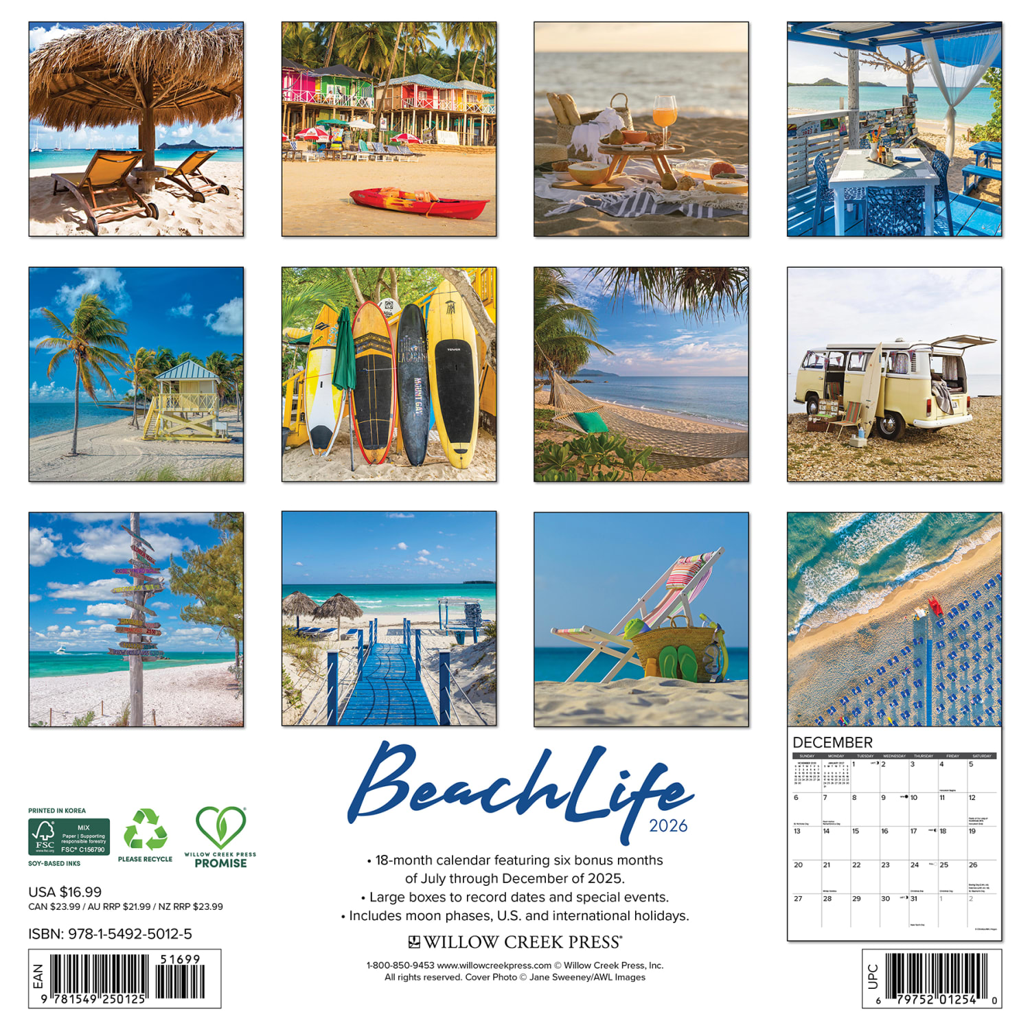 2026 Willow Creek Press Scenic Monthly Wall Calendar, 12in x 12in, BeachLife, January To December, 50125 - Image 6