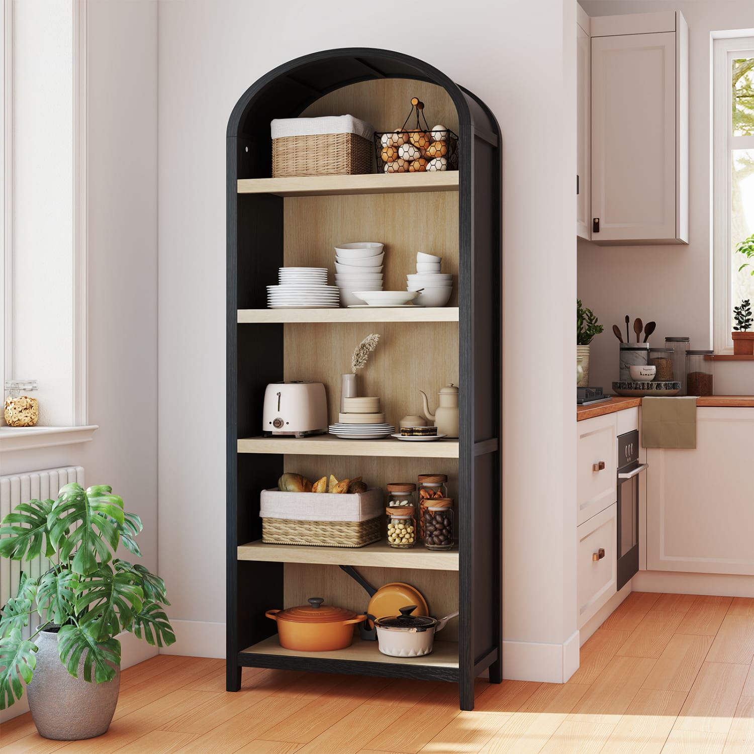 Bestier 76inH Tall 5-Shelf Arched Bookcase, Black - Image 4