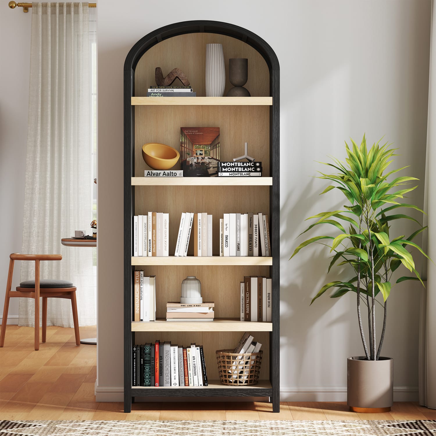 Bestier 76inH Tall 5-Shelf Arched Bookcase, Black - Image 5