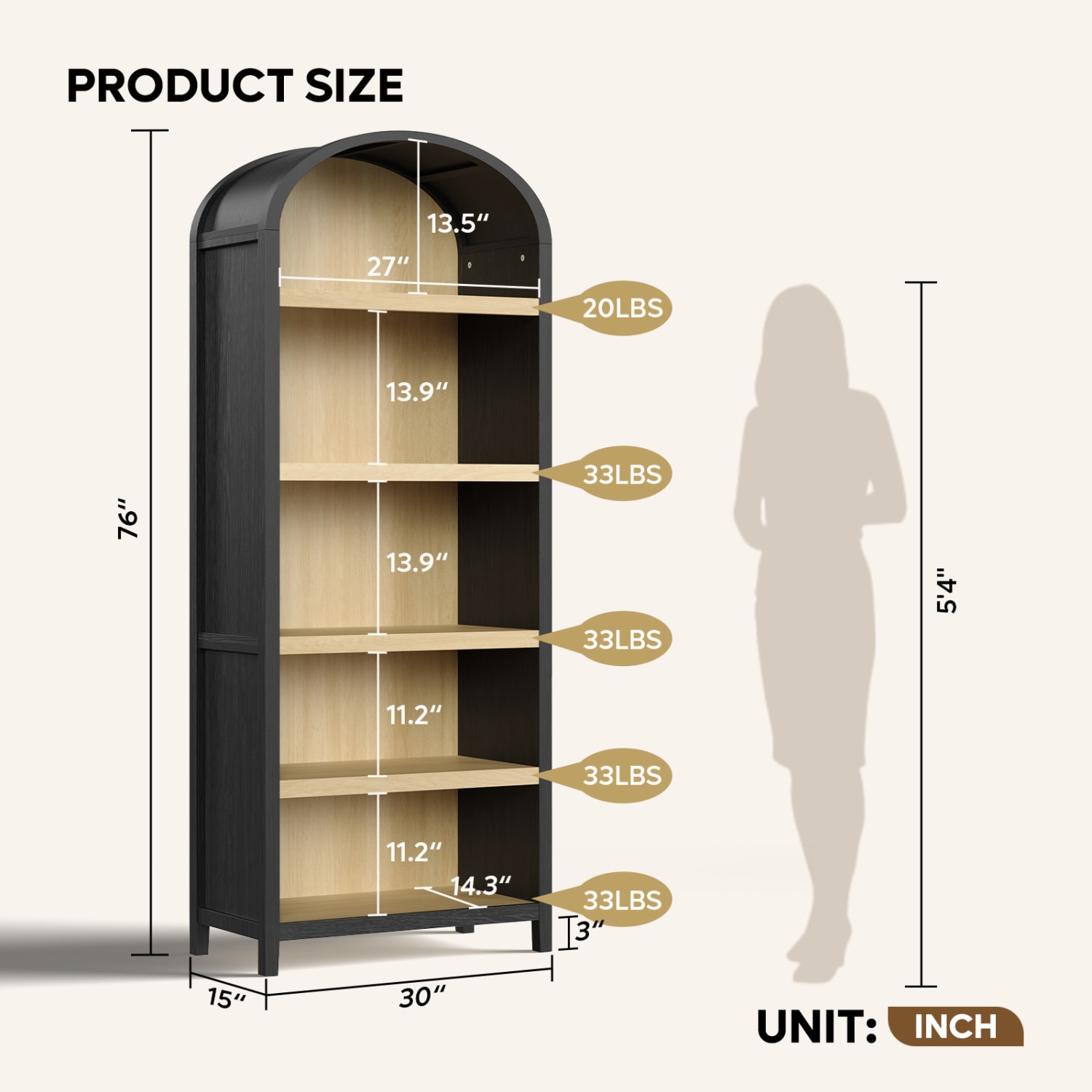 Bestier 76inH Tall 5-Shelf Arched Bookcase, Black - Image 6