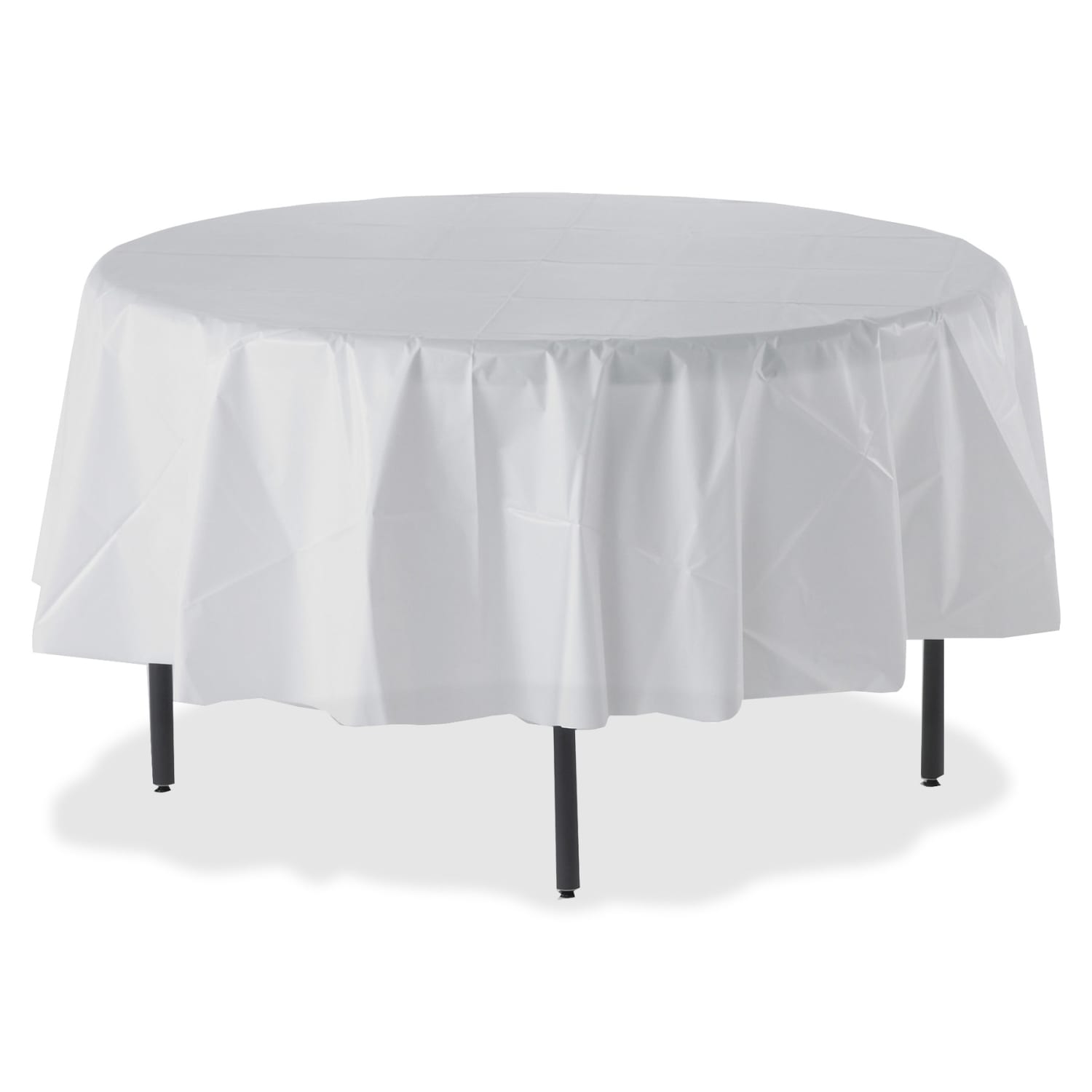 Genuine Joe Plastic Round Tablecovers - 84in Diameter - Plastic - White - 24 / Carton