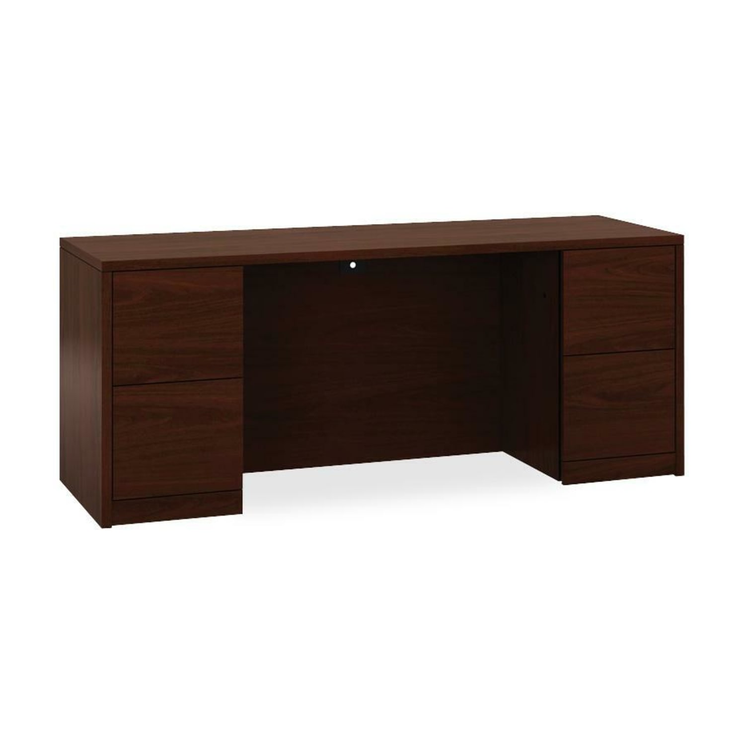 HON 10500 Series Double Pedestal Credenza with Kneespace - 72in x 24in x 29.5in - 4 x File Drawer(s) - Double Pedestal - Square Edge - Material: Wood - Finish: Laminate, Mahogany - Image 3