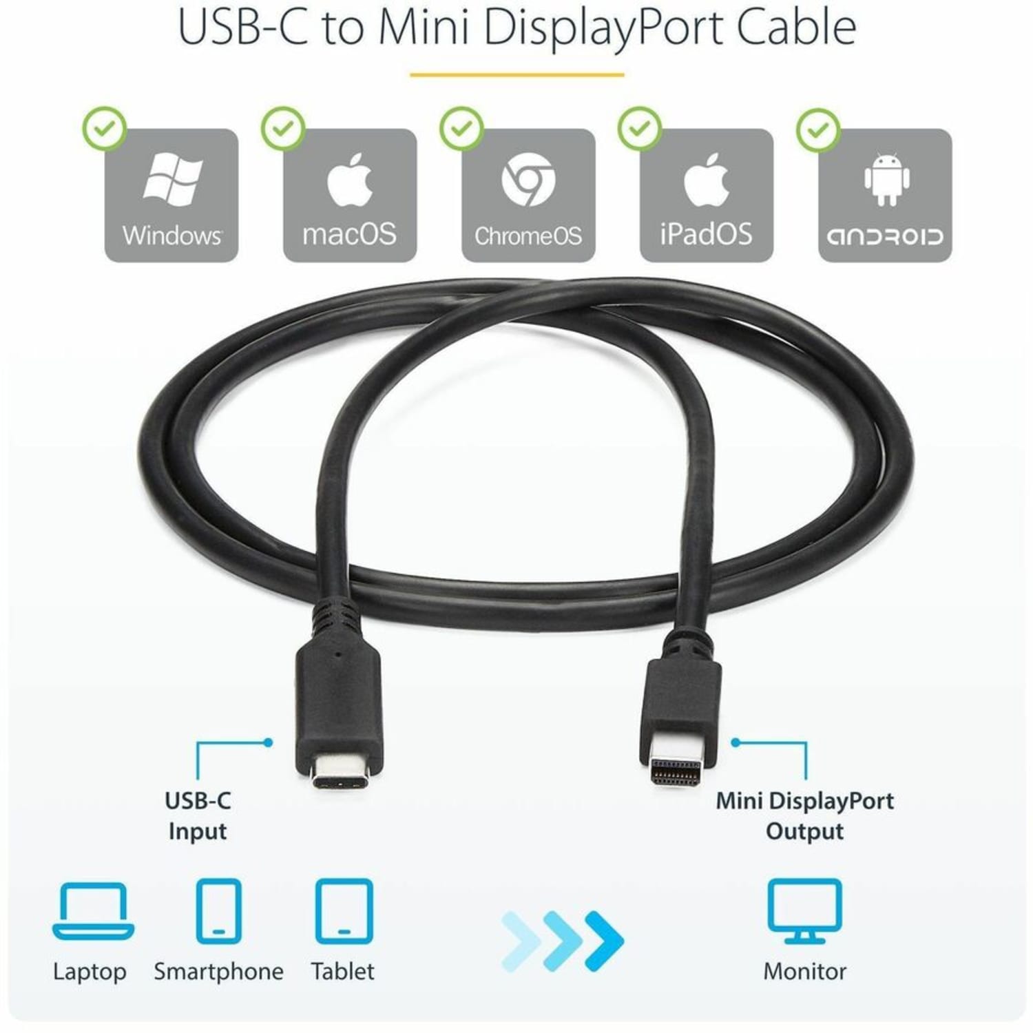 StarTech.com 1 m/3.3 ft. USB-C to Mini DisplayPort Cable - 4K 60Hz - Black - USB 3.1 Type-C to Mini DP Adapter Cable - CDP2MDPMM1MB - Image 4