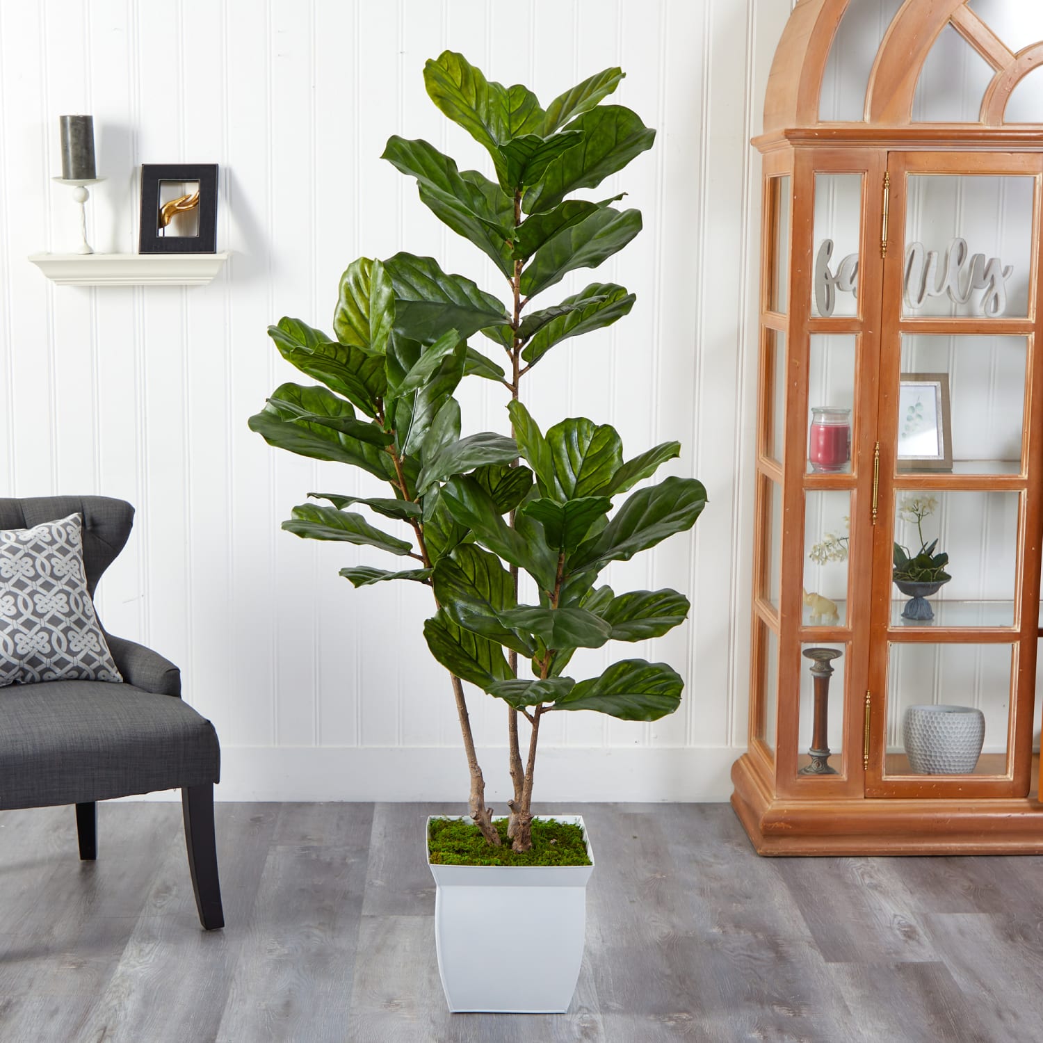 Nearly Natural Fiddle Leaf 66inH Artificial Tree With Metal Planter, 66inH x 24inW x 20inD, Green/White - Image 4