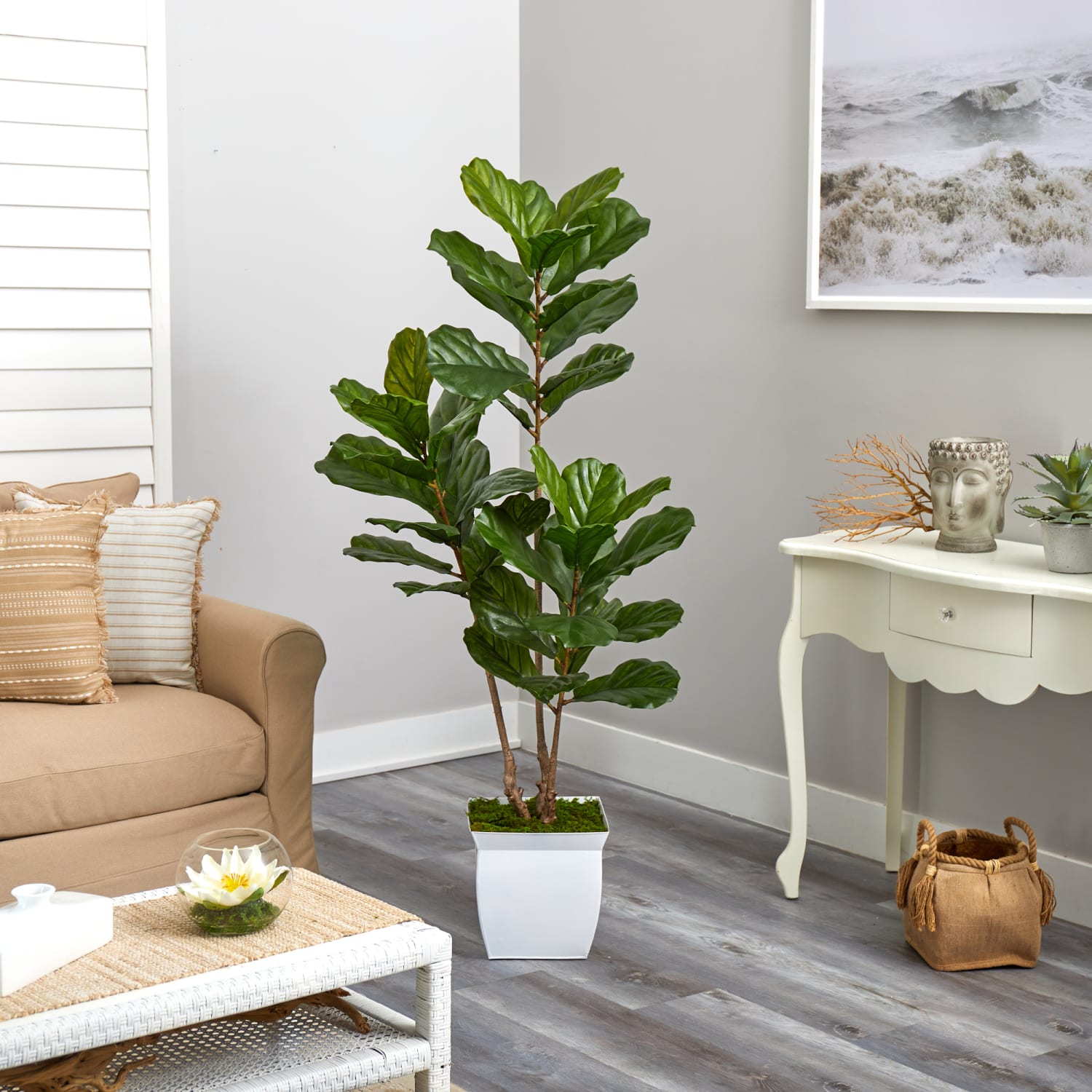 Nearly Natural Fiddle Leaf 66inH Artificial Tree With Metal Planter, 66inH x 24inW x 20inD, Green/White - Image 5