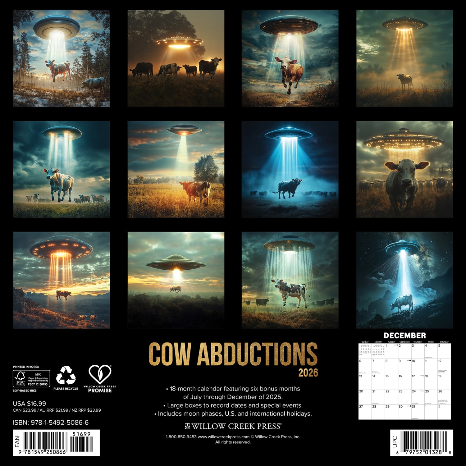 2026 Willow Creek Press Humor & Comics Monthly Wall Calendar, 12in x 12in, Cow Abductions, January To December, 50866 - Image 6