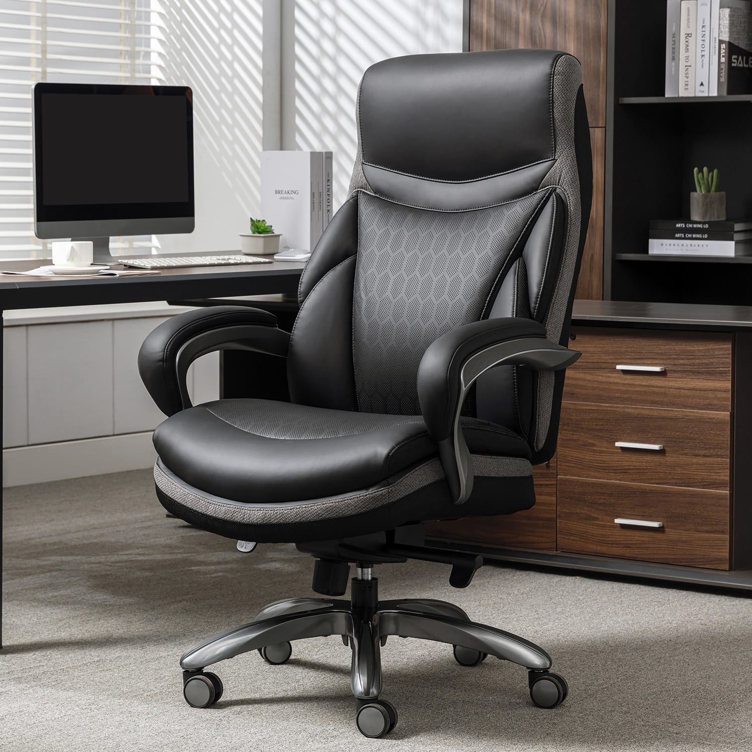 Shaquille O-Neal Maximos Big & Tall Ergonomic Vegan Leather High-Back Executive Office Chair, Black/Silver, BIFMA Compliant