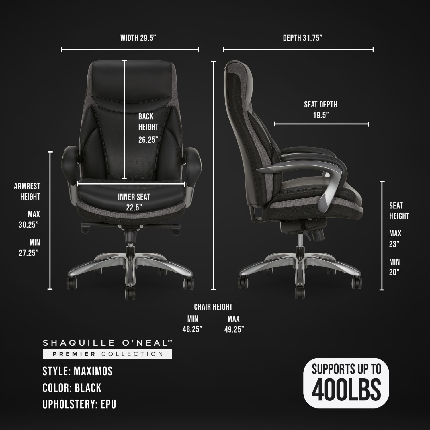 Shaquille O Neal Maximos Big  Tall Ergonomic Vegan Leather High Back Executive Office Chair BlackSilver BIFMA Compliant PopularChairscom