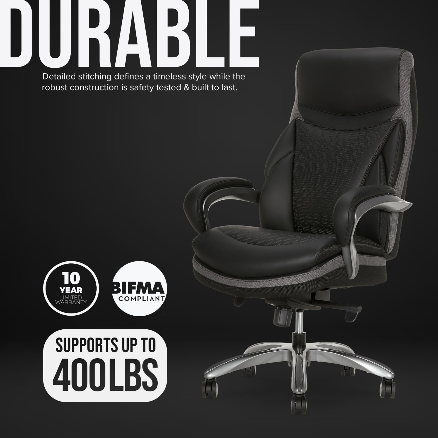 Shaquille O Neal Maximos Big  Tall Ergonomic Vegan Leather High Back Executive Office Chair BlackSilver BIFMA Compliant PopularChairscom