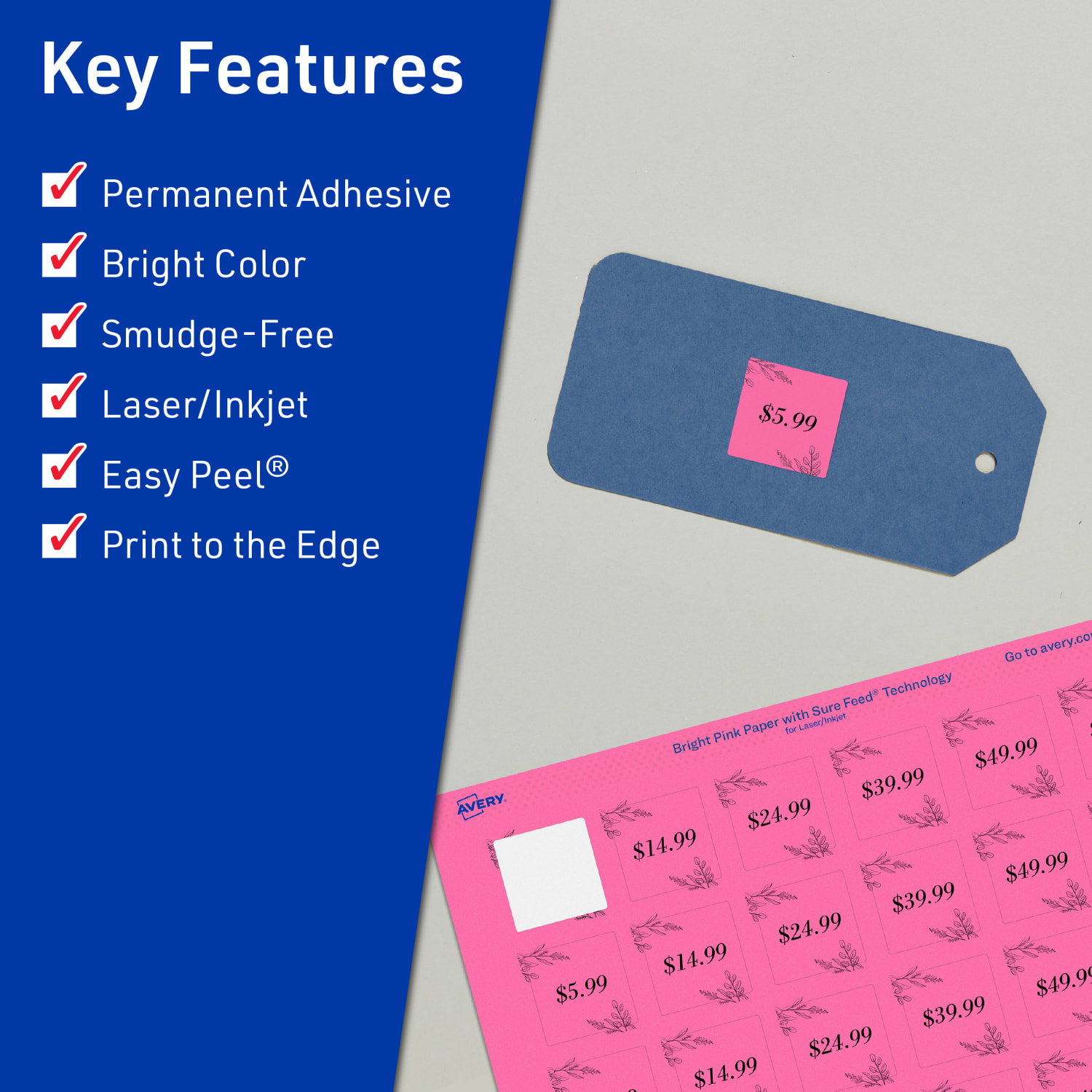 Avery Print-To-The-Edge Labels With Sure Feed Technology And Easy Peel, 94106-BPP40, Square, 1-1/2in x 1-1/2in, Matte Bright Pink, Pack of 800 - Image 3