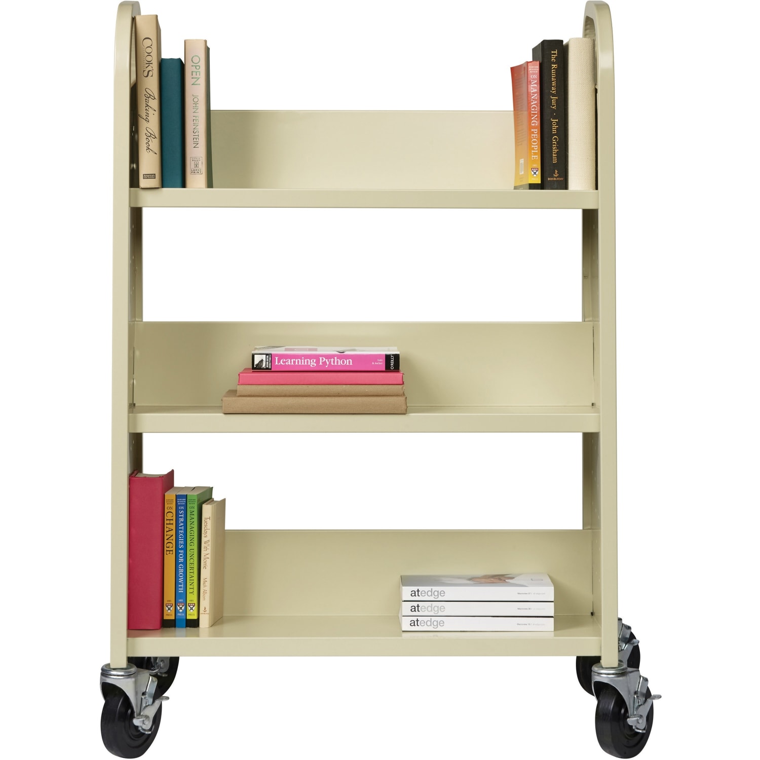 Lorell Single-Sided Mobile Steel Book Cart, 3-Shelf, Putty - Image 3