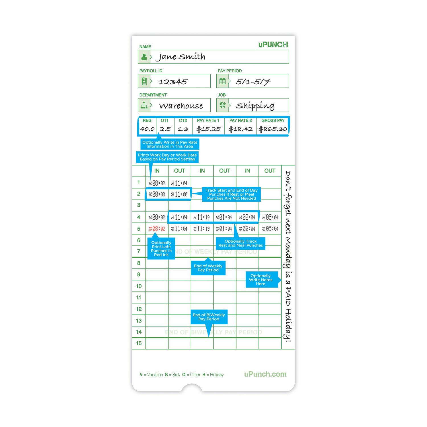 uPunch All Pay Periods Time Cards, 2-Sided, 3.5in x 7.5in, Green, Pack Of 50, HNTCG1050 - Image 4