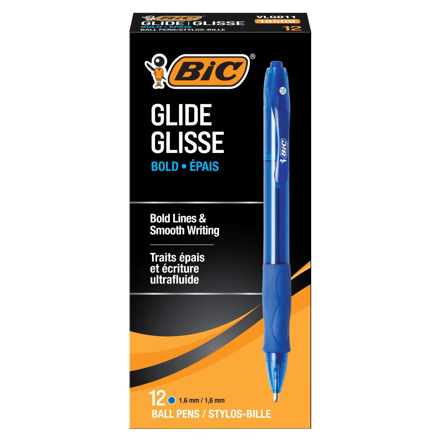 BIC Glide Bold Ballpoint Pens, Bold Point, 1.6 mm, Translucent Barrel, Blue Ink, Pack Of 12 Pens