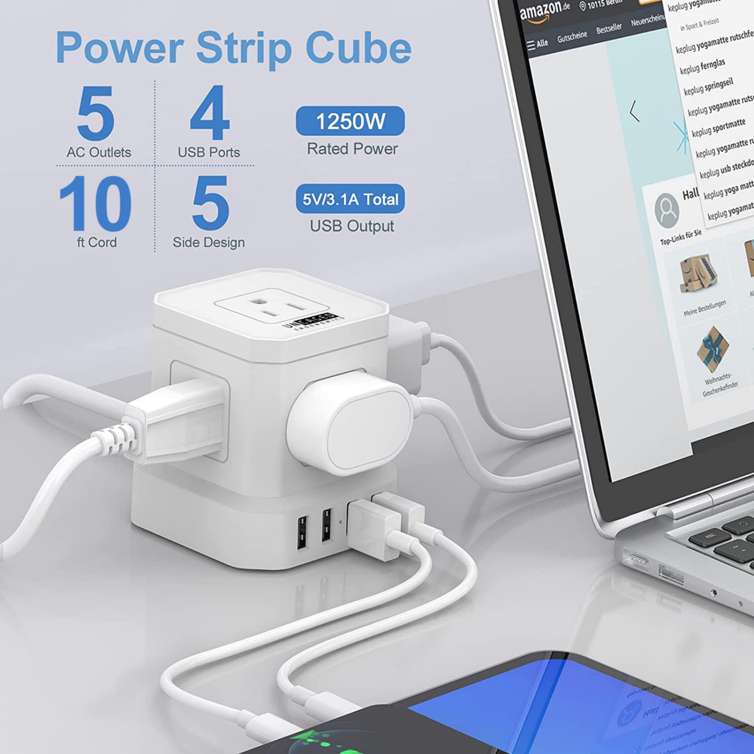 Uncaged Ergonomics PCW 5 AC-Outlet Cube Extension Cord With Surge Protector, 10', White - Image 3