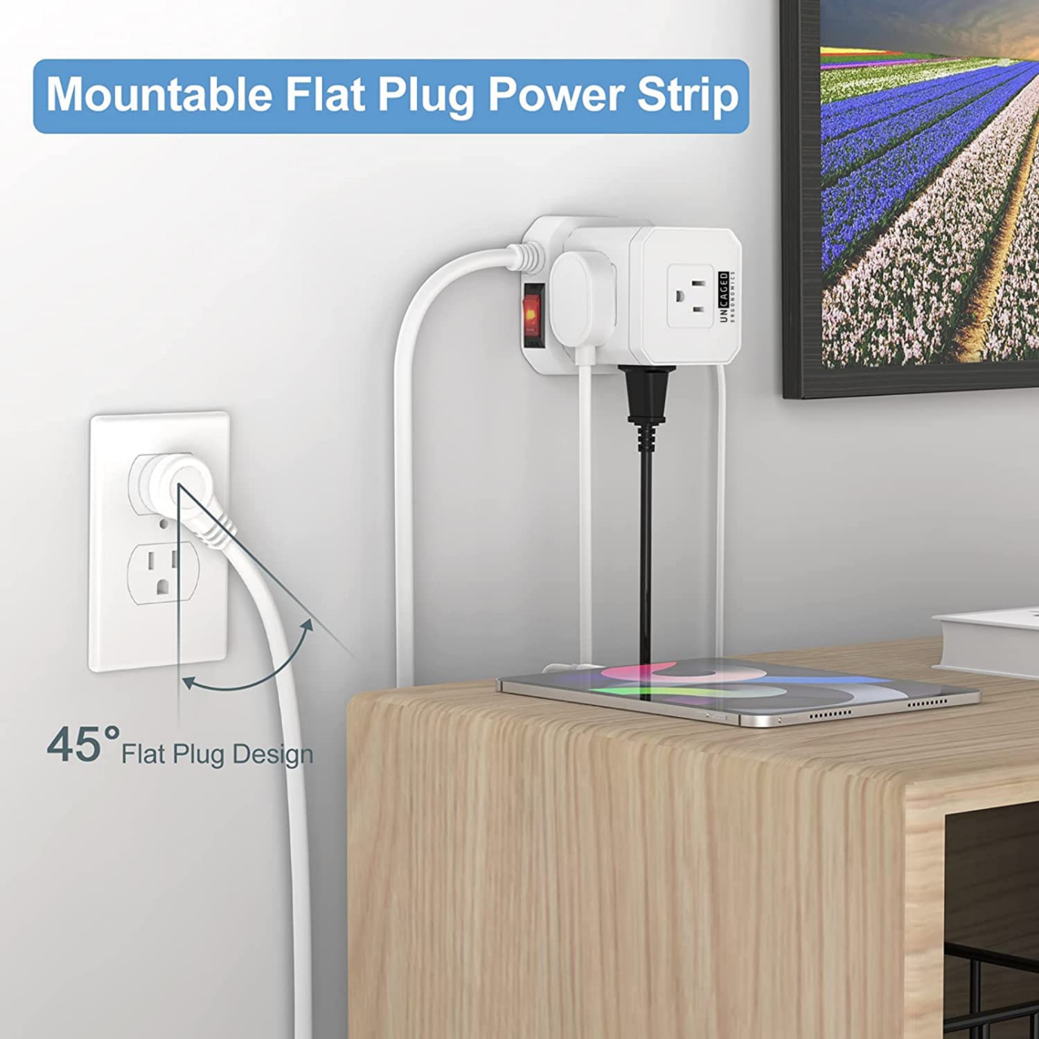 Uncaged Ergonomics PCW 5 AC-Outlet Cube Extension Cord With Surge Protector, 10', White - Image 4