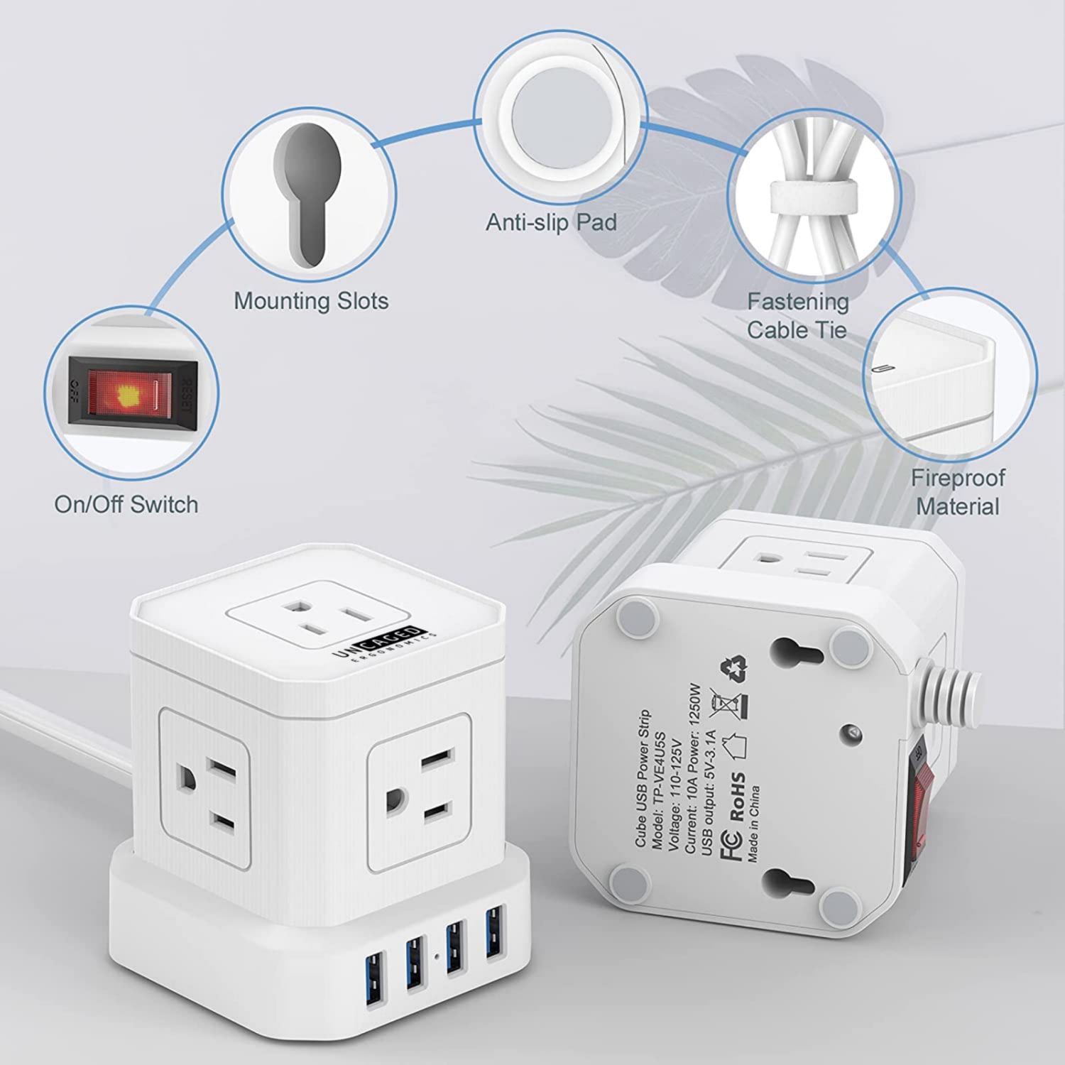 Uncaged Ergonomics PCW 5 AC-Outlet Cube Extension Cord With Surge Protector, 10', White - Image 6