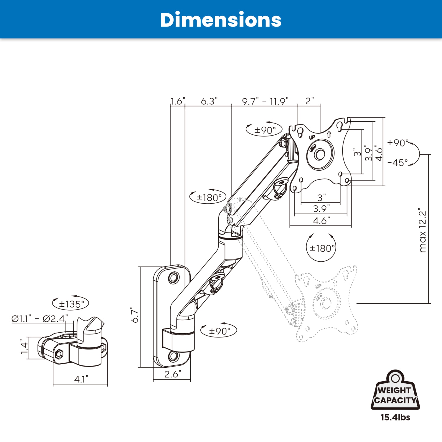 Mount-It! Counterbalance 32in Monitor Arm for Wall and Pole Mounting, Black - Image 5