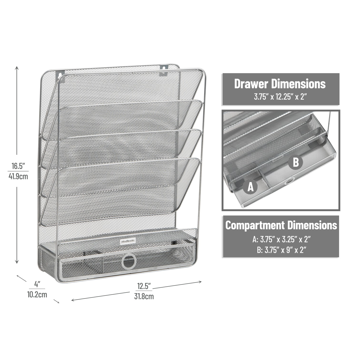 Mind Reader 4-Tier Wall Mount Vertical File Storage With Drawer, 16-1/2inH x 4inW x 12-1/2inD, Silver - Image 4