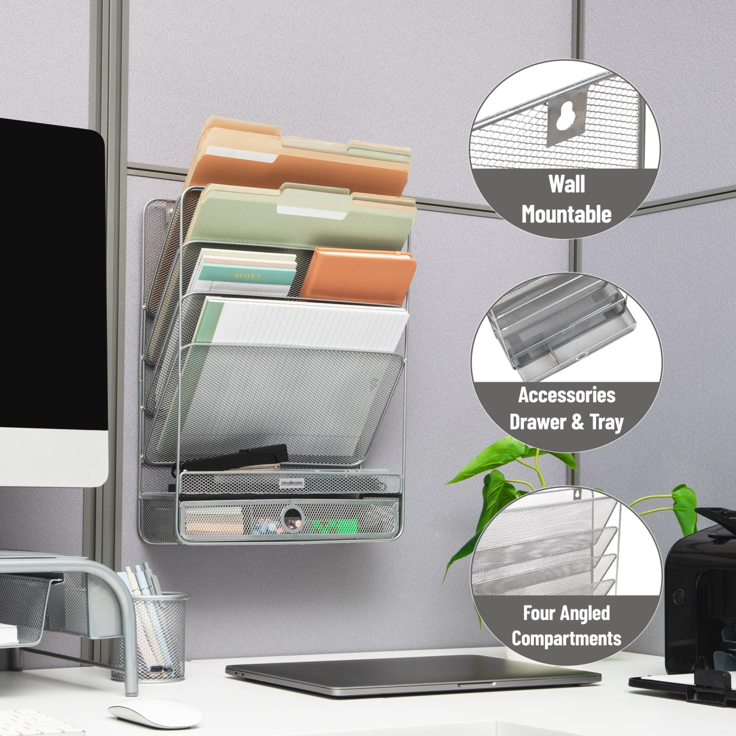 Mind Reader 4-Tier Wall Mount Vertical File Storage With Drawer, 16-1/2inH x 4inW x 12-1/2inD, Silver - Image 5