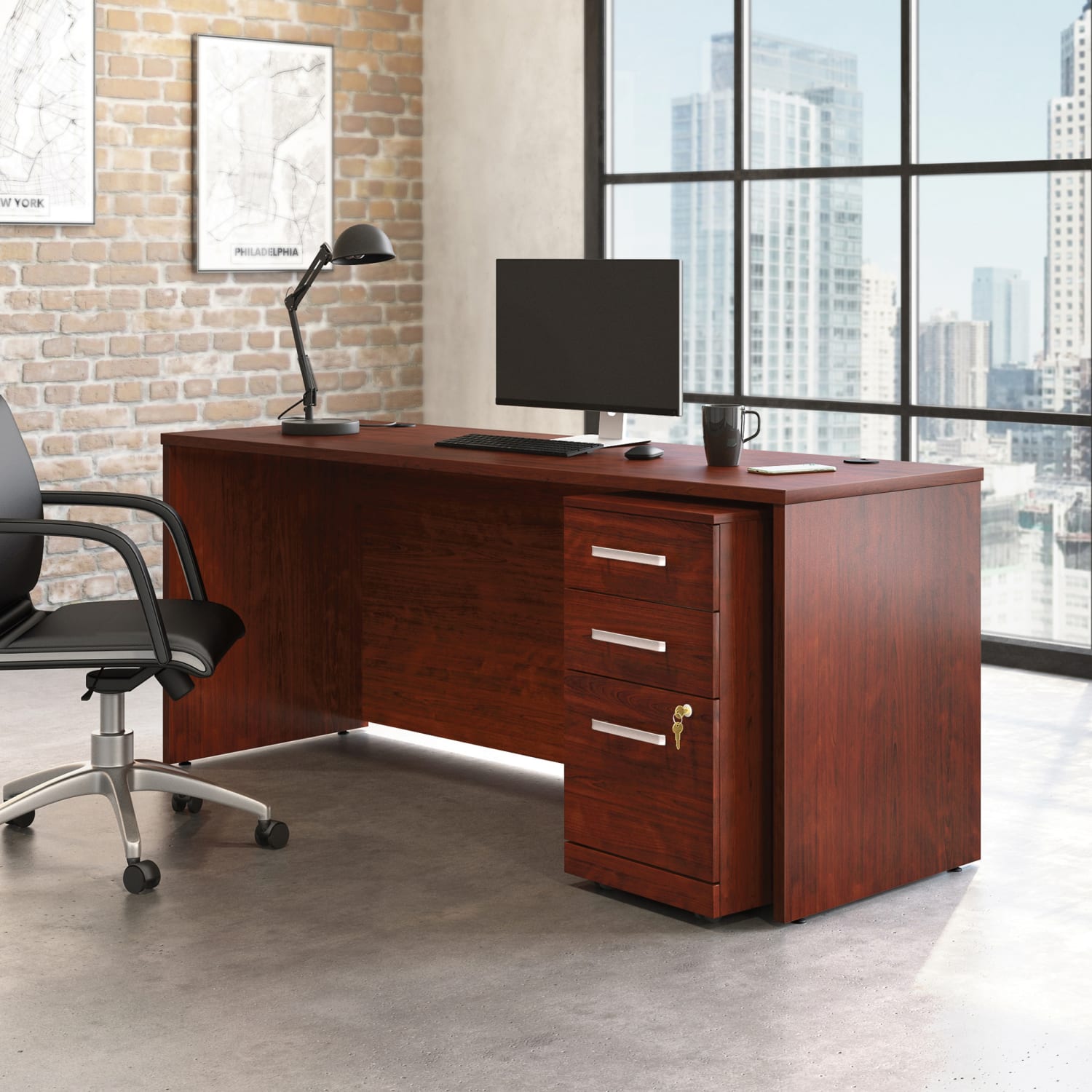Sauder Affirm Collection Executive Desk With 3-Drawer Mobile Pedestal File, 72inW x 24inD, Classic Cherry - Image 3