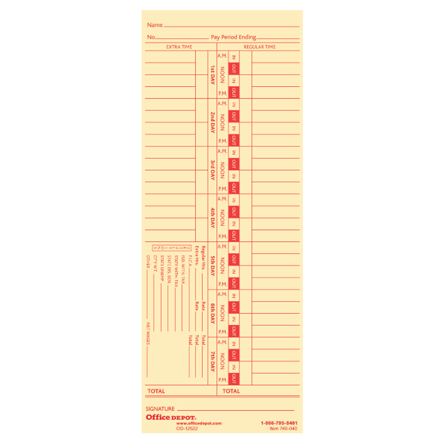Office Depot Brand Time Cards, Biweekly, Days 1-7, 2-Sided, 3 3/8in x 8 7/8in, Manila, Pack Of 100 - Image 3
