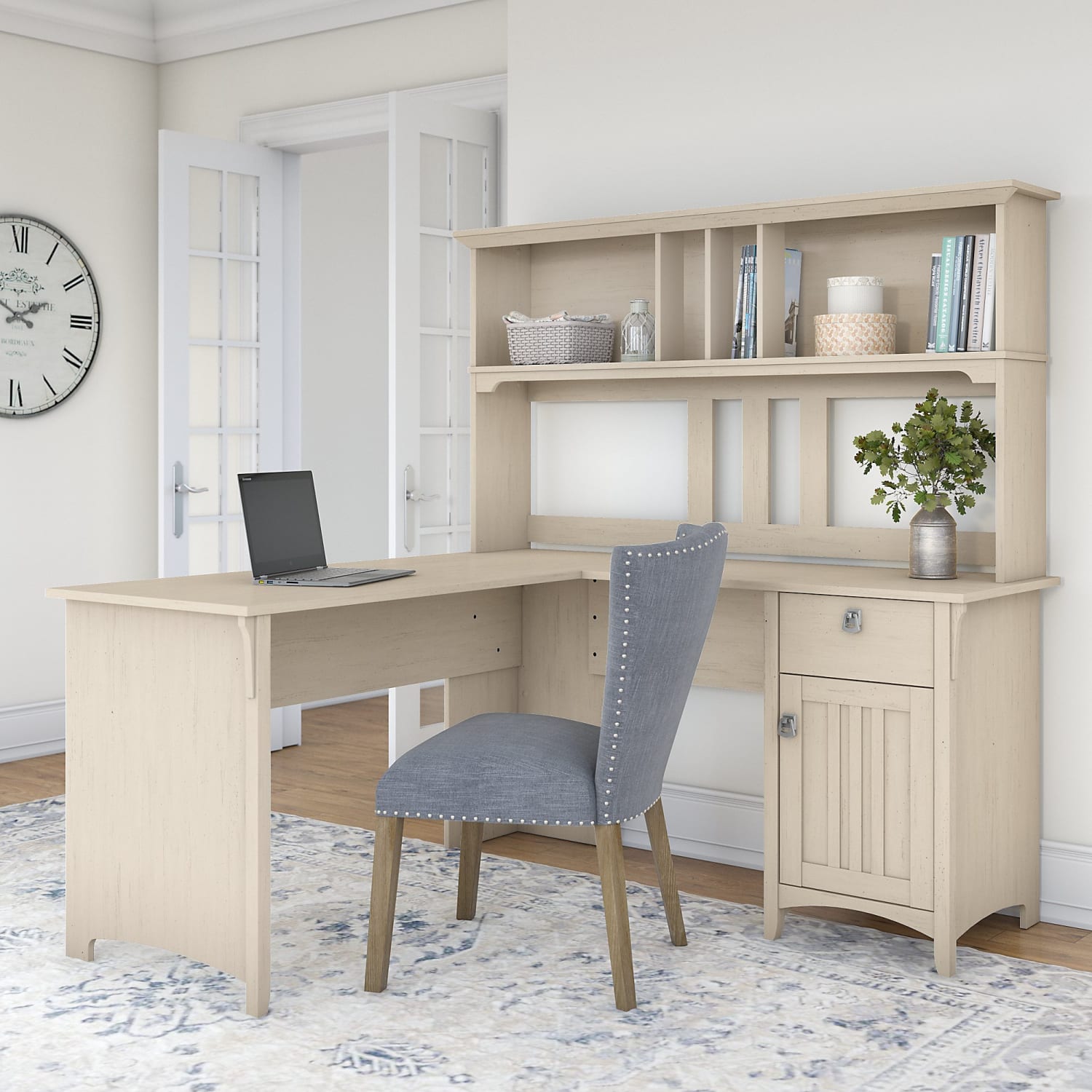 Bush Furniture Salinas 60inW L Shaped Desk with Hutch, Antique White, Standard Delivery - Image 3