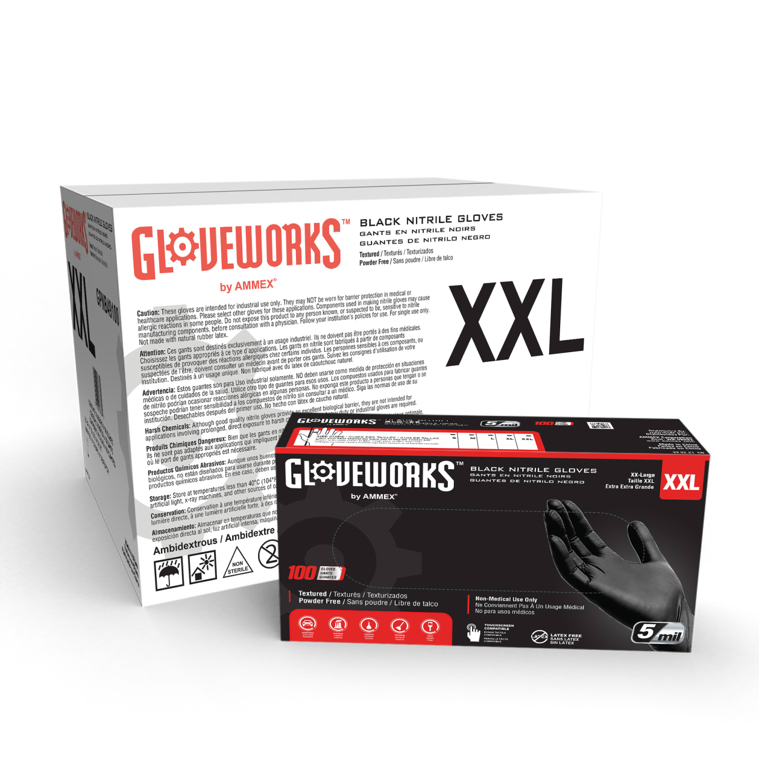 Gloveworks Black Nitrile Industrial Powder-Free Disposable Gloves, XXL, Black, Box of 100 Gloves - Image 4