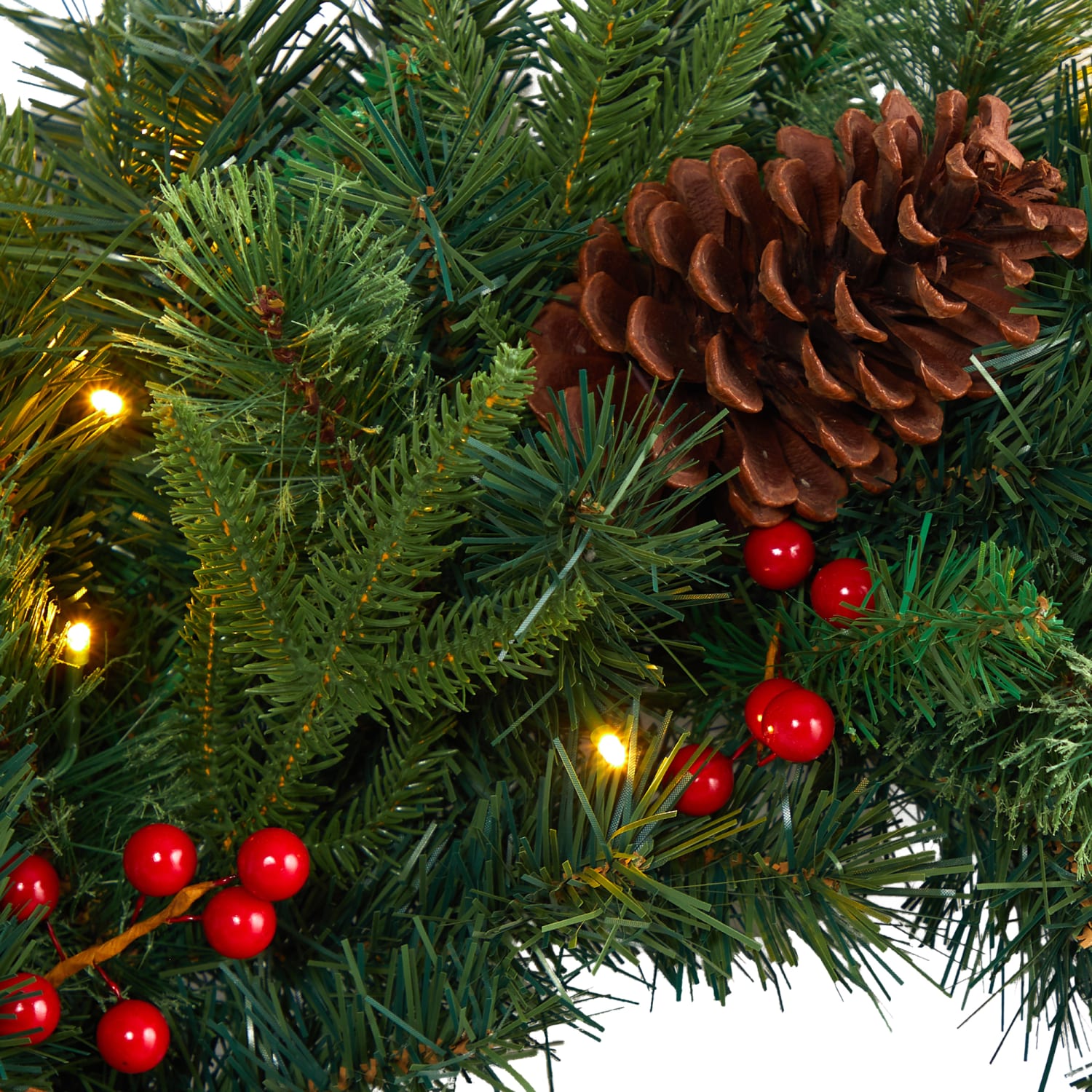Nearly Natural 24inH Mixed Pine Artificial Christmas Wreath With 35 LED Lights And Berries, 24in x 5in, Green - Image 4