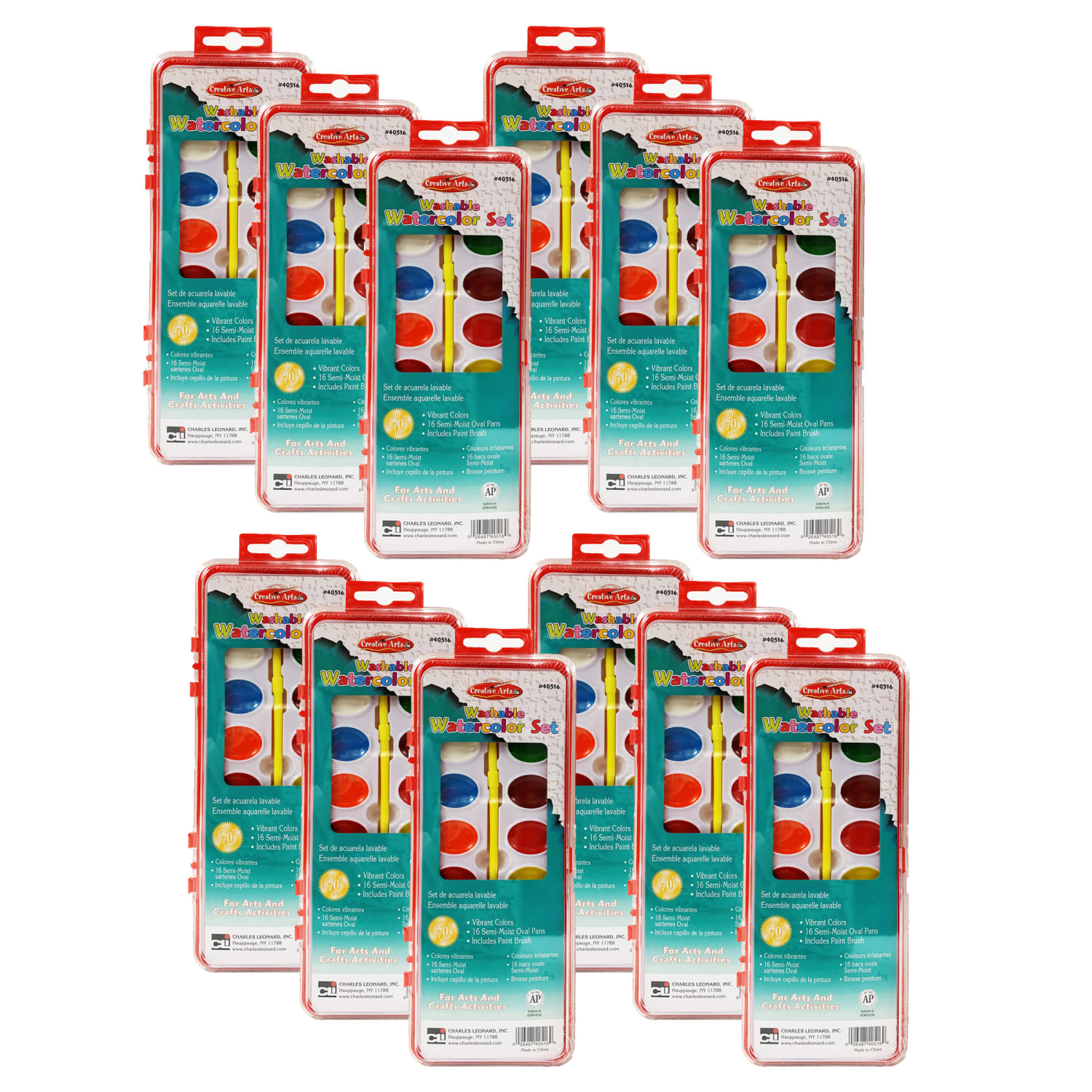 Charles Leonard Washable Watercolor Sets with Oval Pan and Brush, Disposable, Assorted Colors, Pack Of 12 Sets