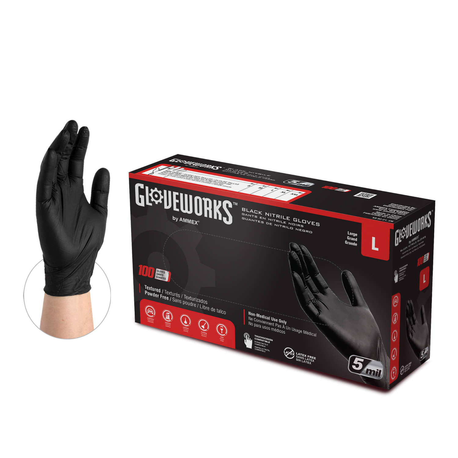 Gloveworks Black Nitrile Industrial Powder-Free Disposable Gloves, Large, Black, Box Of 100 Gloves - Image 3
